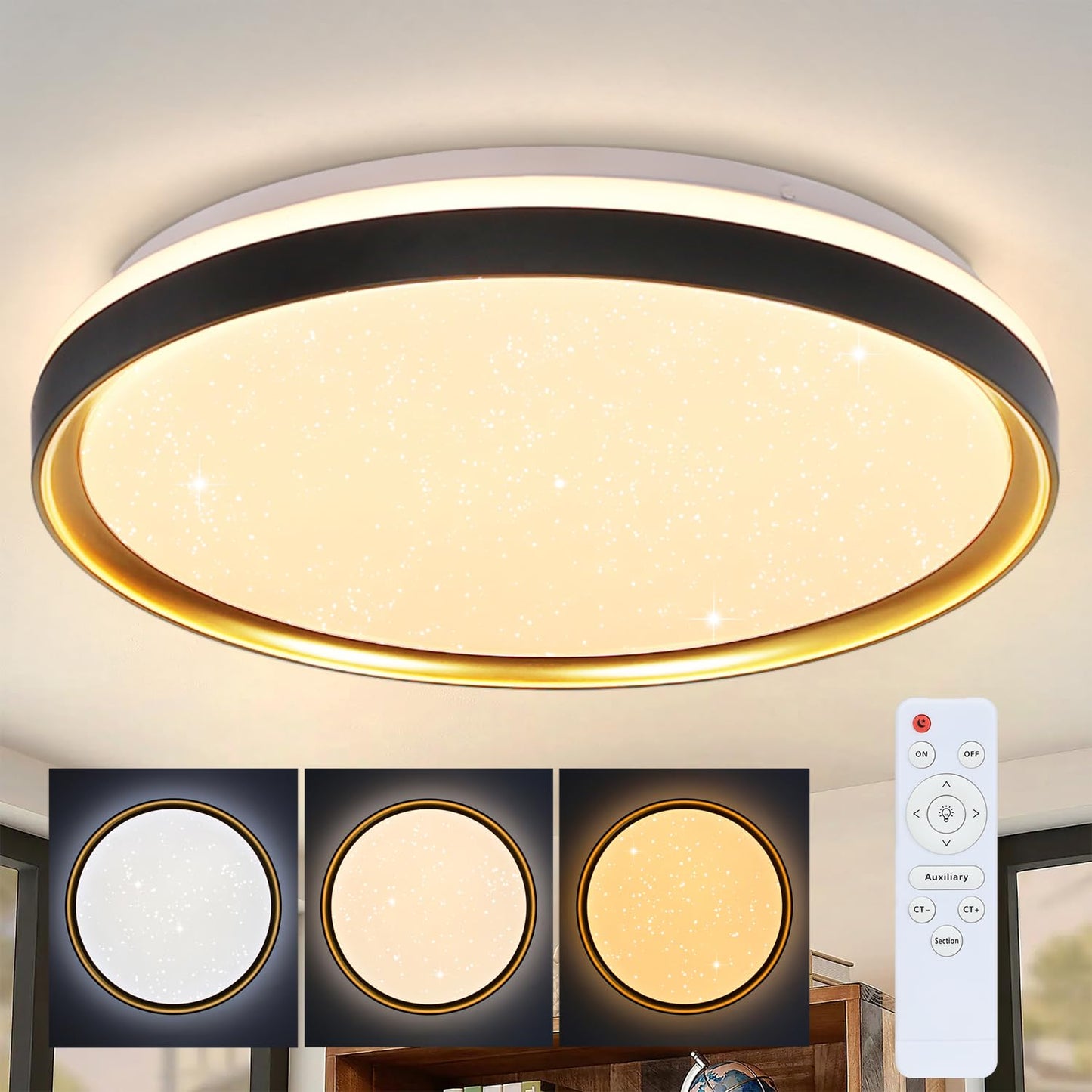 ZMH Deckenlampe LED Deckenleuchte Wohnzimmer - ?40cm Rund Wohnzimmerlampe 21W Schwarz Gold Modern Sternenhimmel Schlafzimmerlampe Dimmbar mit Fernbedienung f¨¹r Schlafzimmer K¨¹che Flur B¨¹ro