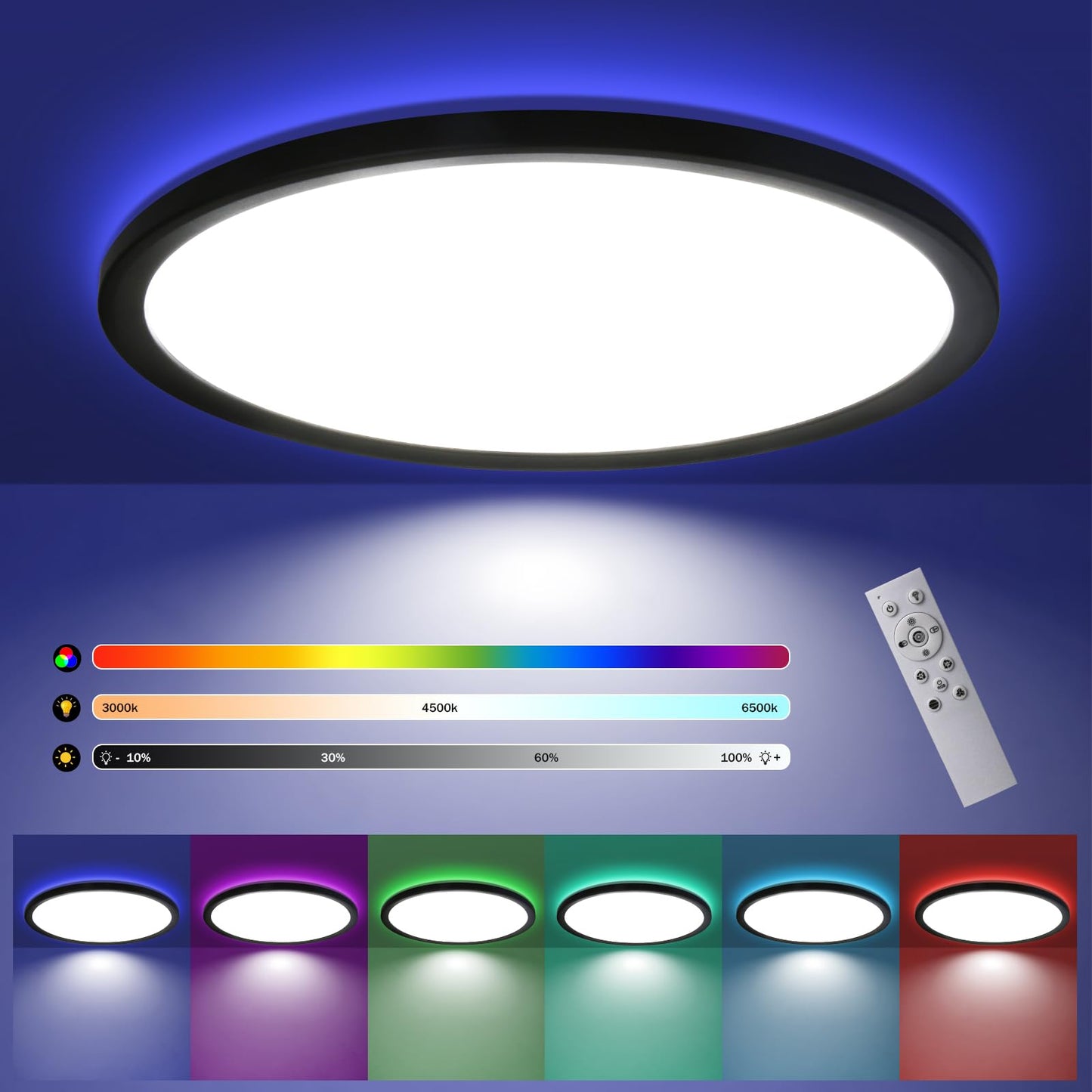 ZMH LED Deckenleuchte Flach Farbwechsel - 28W RGB Dimmbar Deckenlampe Fernbedienung Schwarz Rund Hintergrundbeleuchtung ?30CM f¨¹r Schlafzimmer Badezimmer K¨¹che Flur, 3000K-6500K