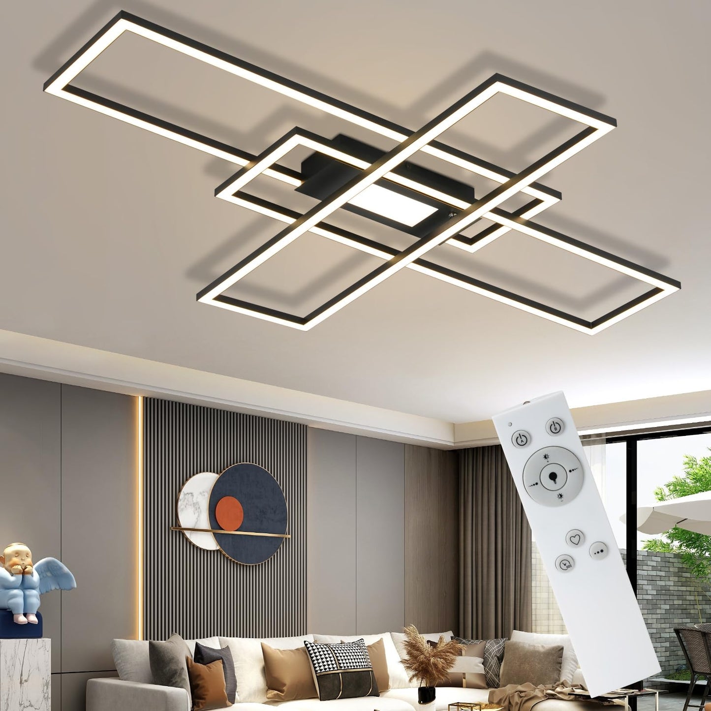 ZMH Deckenlampe LED Deckenleuchte Dimmbar - 50W Wohnzimmerlampe Schwarz mit Fernbedienung Modern Design Schlafzimmerlampe Wohnzimmer Schlafzimmer Deckenbeleuchtung Geometrisch f¨¹r K¨¹che Flur