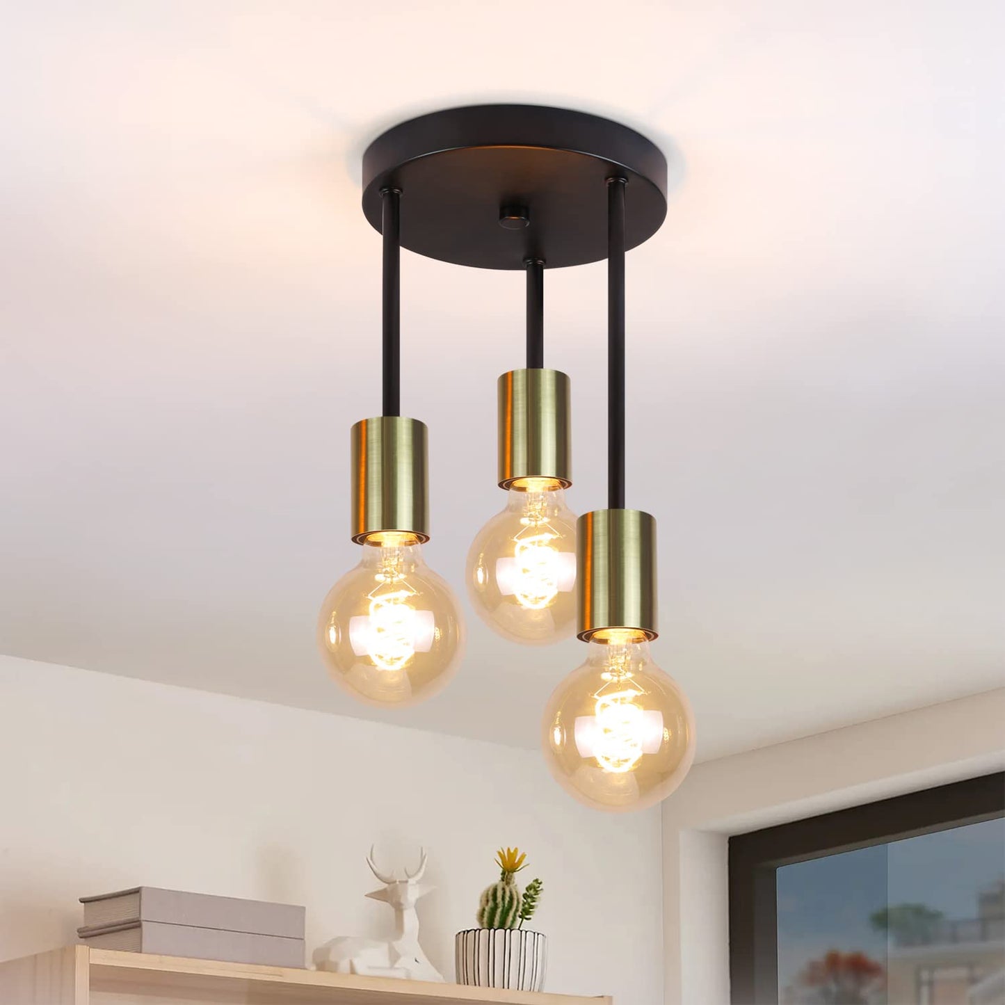 ZMH Deckenleuchte H?ngend 3 Flammig Deckenstrahler I Vintage Deckenlampe E27 Schwarz-Gold mit 3 Spots Kronleuchter Industrial Modern Deckenspots f¨¹r Esszimmer K¨¹che Flur Wohnzimmer Bar Restaurant