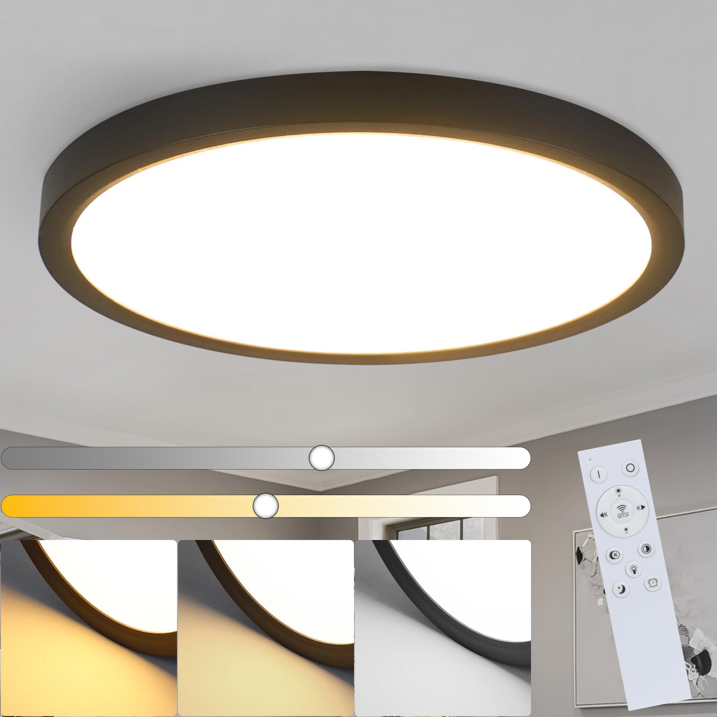 ZMH Deckenlampe LED Deckenleuchte Dimmbar - ?30cm Badlampe Flach Schlafzimmerlampe Schwarz 20W Badezimmer Deckenbeleuchtung Rund mit Fernbedienung IP44 Wasserdicht Flurlampe f¨¹r Schlafzimmer K¨¹che