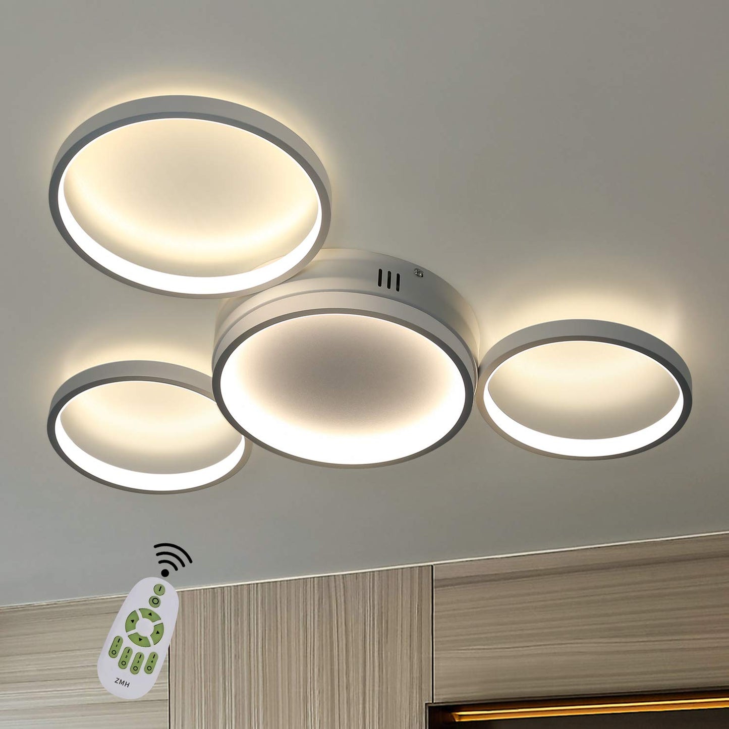 ZMH LED Deckenleuchte Deckenlampe Wohnzimmer - Wei? Schlafzimmerlampe mit Fernbedienung Dimmbar 52W Modern Wohnzimmerlampe mit 4 Metall Ringe Design f¨¹r Schlafzimmer Kinderzimmer Esszimmer B¨¹ro