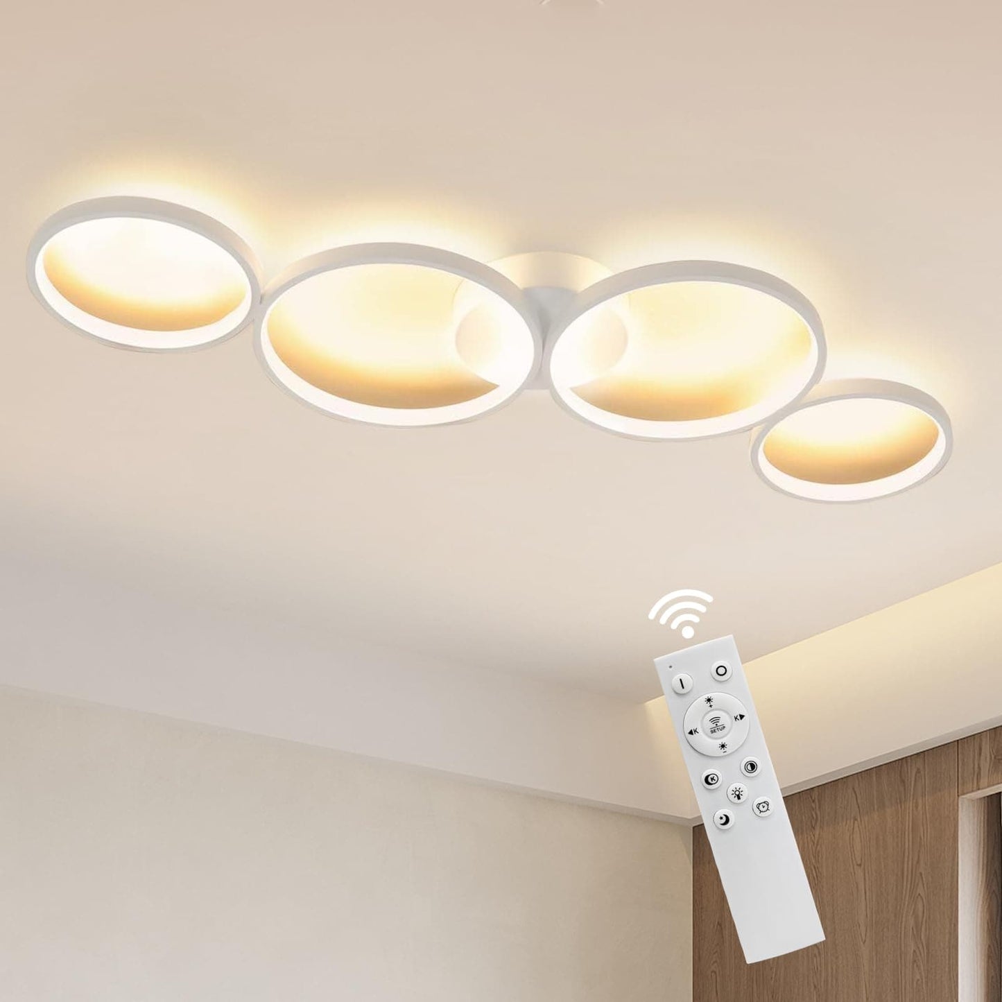 ZMH LED Deckenlampe Dimmbar Deckenleuchte: 4 Flammig Modern Wohnzimmerlampe 55W Ring Rund Wei? Schlafzimmerlampe mit Fernbedienung 88cm Design B¨¹rolampe f¨¹r Schlafzimmer Wohnzimmer B¨¹ro K¨¹che