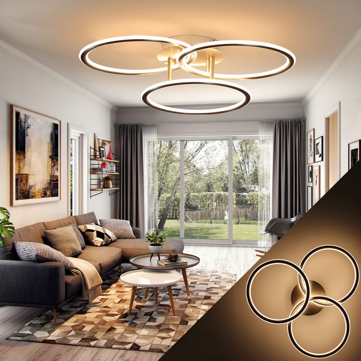 ZMH LED Deckenlampe Deckenleuchte Wohnzimmer-Modern Ringe Design Warmwei? Licht 3000K Schlafzimmerlampe 41W 3 Flammig aus Eisen und Aluminium B¨¹rolampe K¨¹chenlampe Flurlampe