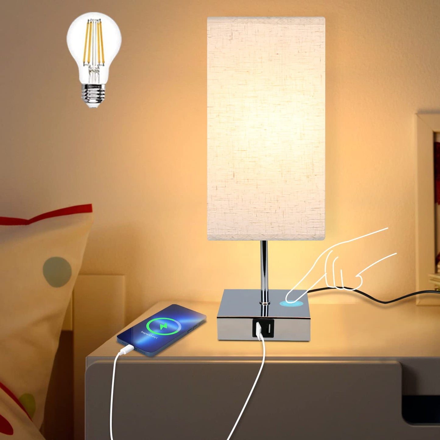 ZMH Tischlampe Schlafzimmer Nachttischlampe Dimmbar - Touch Nachtlicht Warmwei? E27 mit USB Ladefunktion Stoff Lampenschirm f¨¹r Deko, Nachttisch, Geschenk,Esszimmer, Wohnzimmer