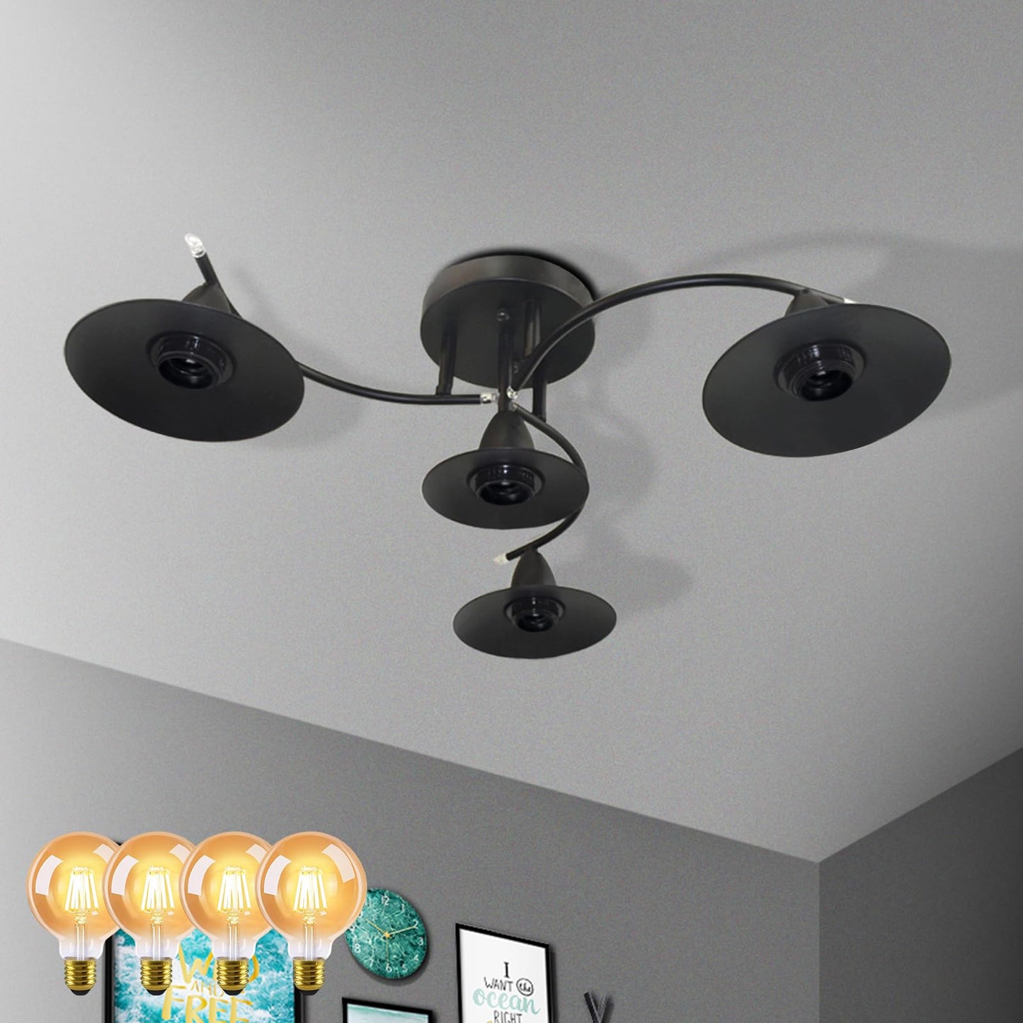 ZMH Deckenlampe Vintage Deckenleuchte mit 4 ¡Á E27 G95 geraden Gl¨¹hf?den Gl¨¹hbirne Retro Schwarz Wohnzimmerlampe Industrial Flurlampe Schlafzimmerlampe Esszimmerlampe Wohnzimmer Beleuchtung