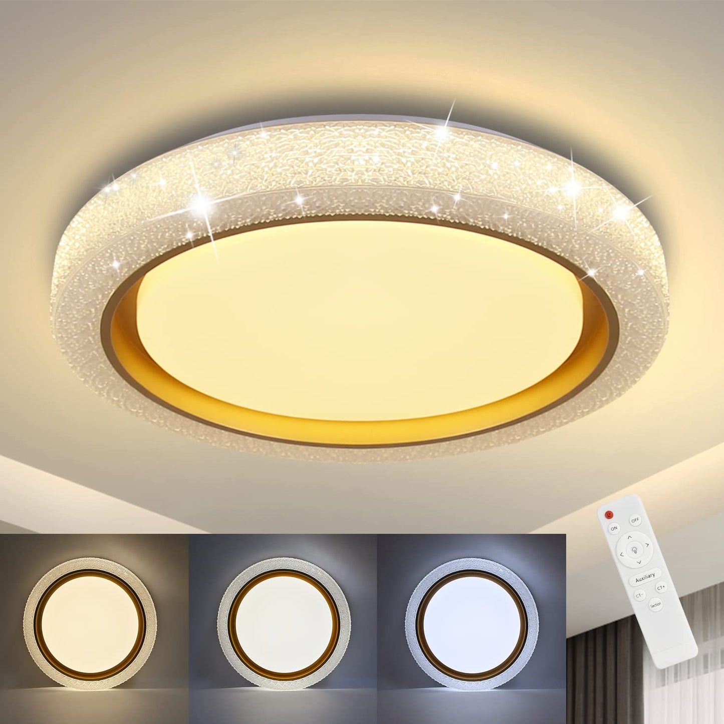 ZMH Deckenlampe Led Deckenleuchte Dimmbar Wohnzimmer - 46W Wohnzimmerlampe Modern Schlafzimmerlampe Kristall mit Fernbedienung K¨¹chenlampe 40CM Deckenbeleuchtung f¨¹r Schlafzimmer K¨¹che Esszimmer