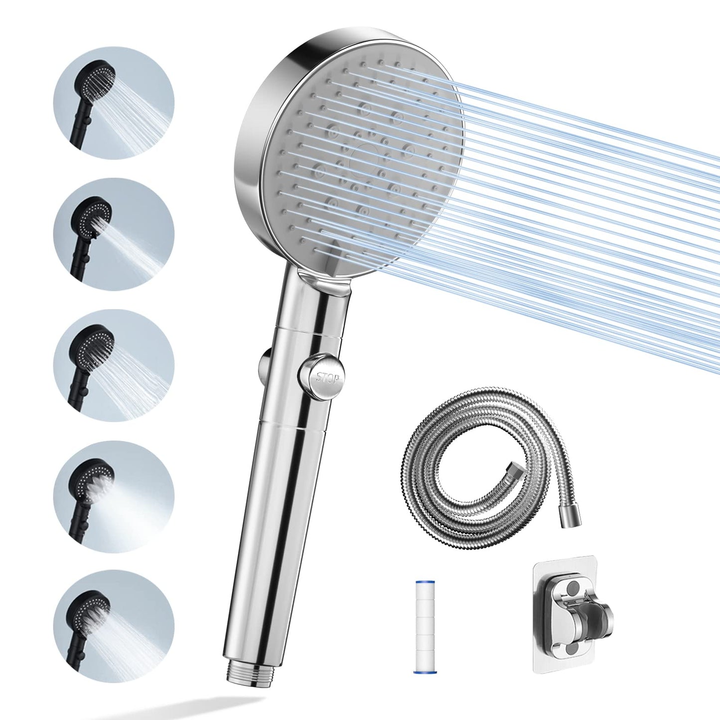 ZMH Duschkopf Wassersparend mit 1.5M Schlauch Brausehalterung - Handbrause Chrom Filter mit 5 Strahlarten Wasserstop, Druckerh?hende Regendusche Sparduschkopf