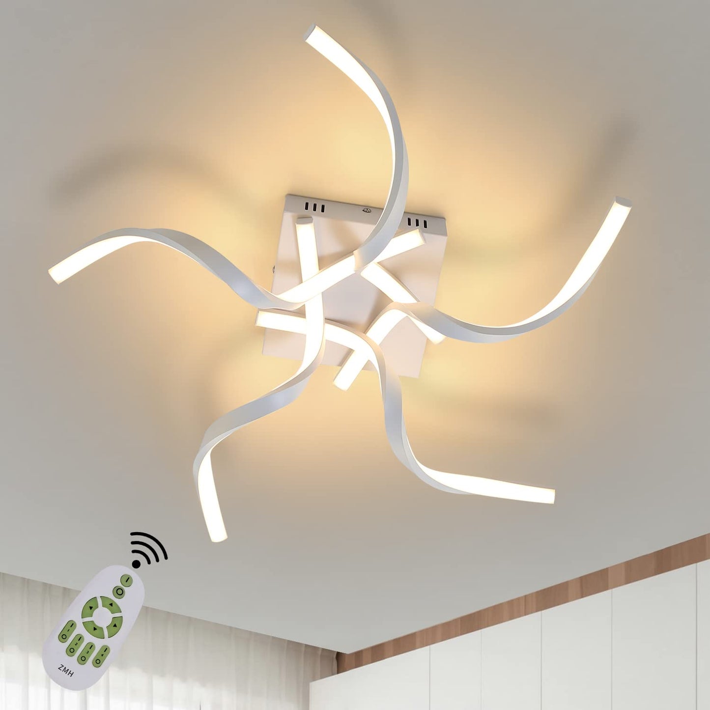 ZMH Deckenleuchte LED Deckenlampe Wohnzimmer Wei? Dimmbar 48W 65CM Wellenf?rmig Modern Design Schlafzimmerlampe Wohnzimmerlampe K¨¹chenlampe B¨¹rolampe Flurlampe mit Fernbedienung Deckenbeleuchtung