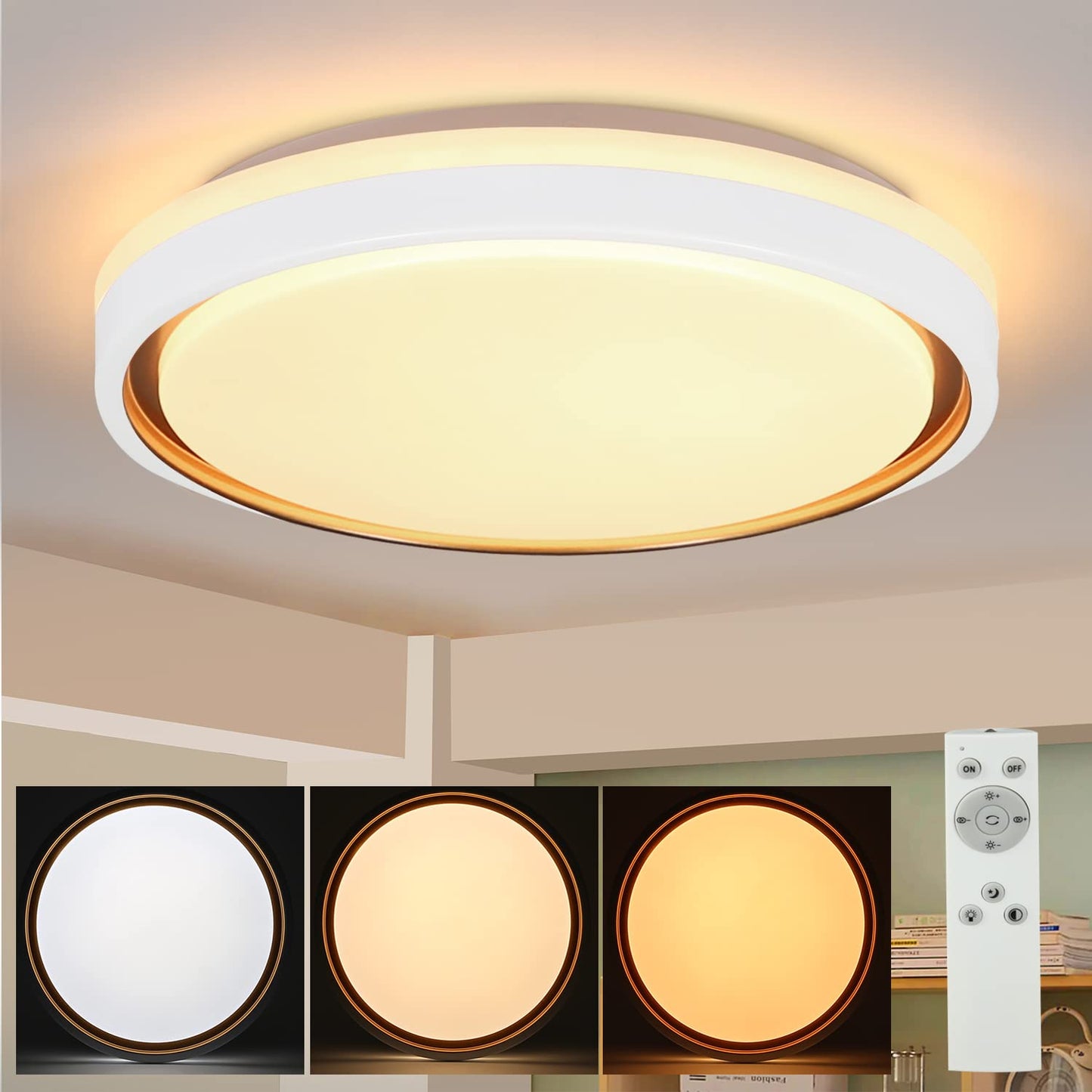 ZMH Deckenlampe LED Deckenleuchte Schlafzimmer - ?30cm Schlafzimmerlampe Dimmbar mit Fernbedienung 18W Modern Rund Wohnzimmerlampe Wei? Gold Deckenbeleuchtung f¨¹r Wohnzimmer K¨¹che Flur Esszimmer
