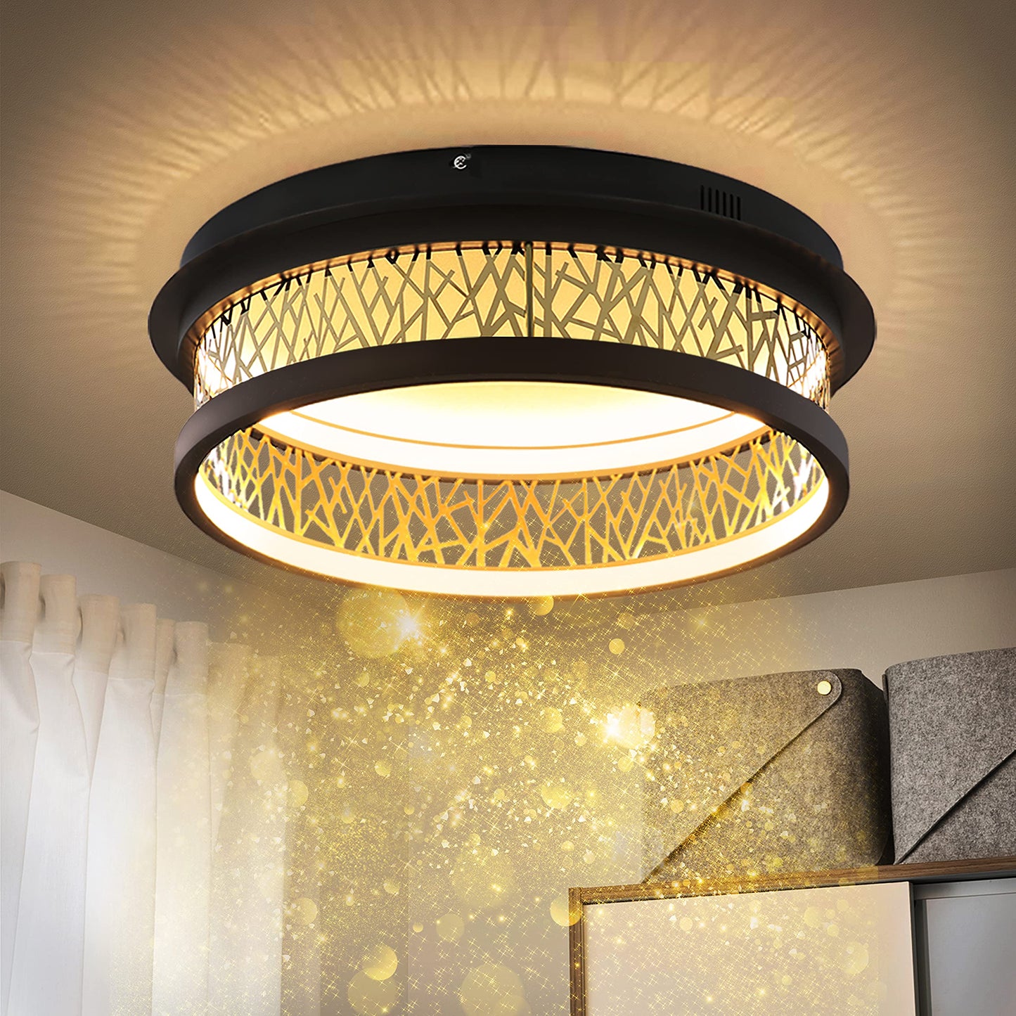 ZMH Deckenlampe Wohnzimmer LED Deckenleuchte - 40W Wohnzimmerlampe Vintage Warmwei? 3000K Schlafzimmerlampe Schwarz Gold Deckenbeleuchtung Rund Metall Design f¨¹r Esszimmer Schlafzimmer K¨¹che Hotel