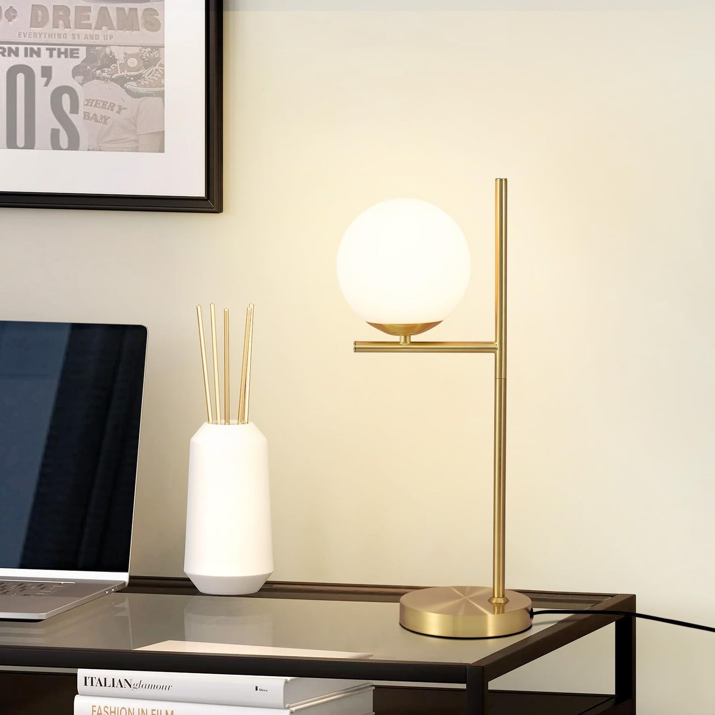 ZMH Tischlampe Wohnzimmer Modern Nachttischlampe - Tischleuchte Gold aus Wei? Glas E27 Fassung Industrial Nachttischleuchte Metall Design nachttischlampe mit Schalter f¨¹r Schlafzimmer B¨¹ro