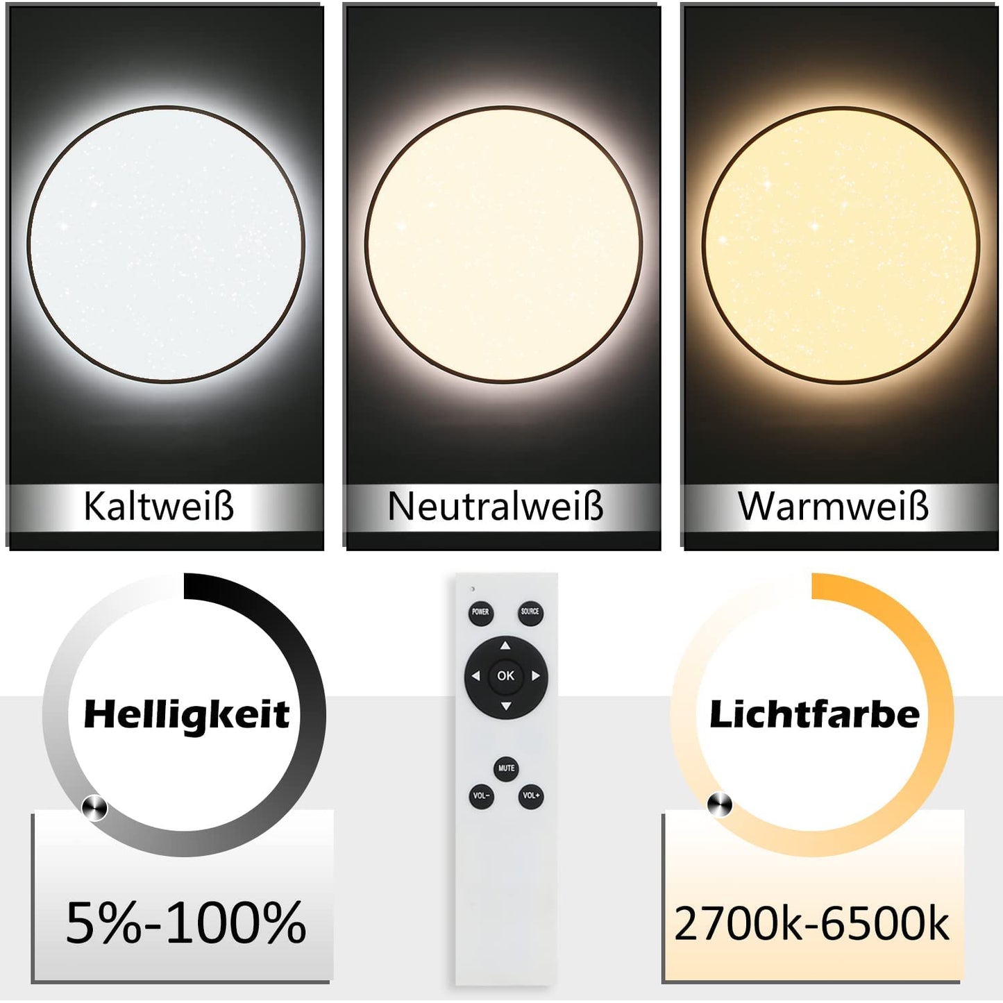 ZMH LED Deckenleuchte Dimmbar Deckenlampe Schlafzimmer - Wohnzimmer Sternenhimmel Rund 40CM Wohnzimmerlampe mit Fernbedienung Schlafzimmerlampe Modern mit Holzoptik f¨¹r Kinderzimmer K¨¹che Flur Treppen