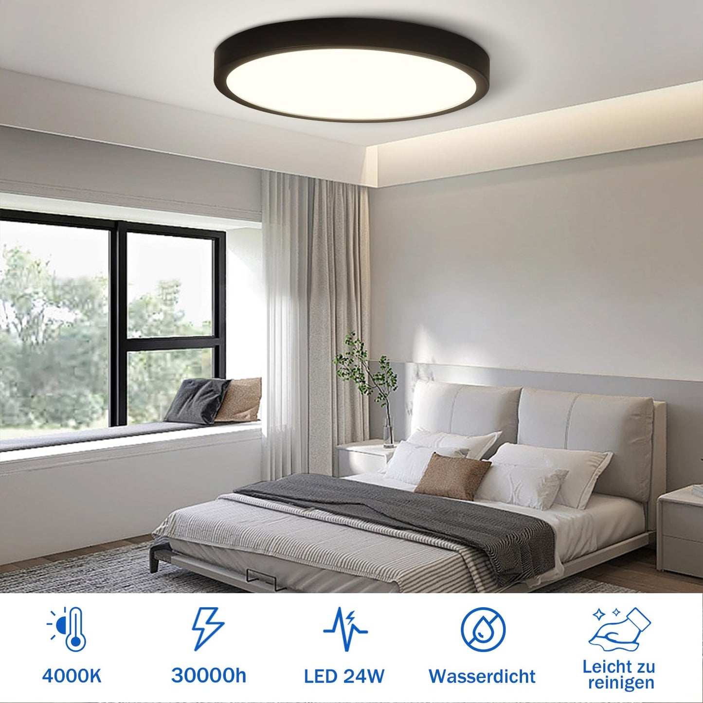 ZMH LED Deckenleuchte Rund Schwarz - 24W Deckenlampe Modern LED Badlampe Neutralwei? 4000K IP44 Ultra D¨¹nn ? 23 CM Wasserfest f¨¹r K¨¹che B¨¹ro Wohnzimmer Badezimmer Kinderzimmer