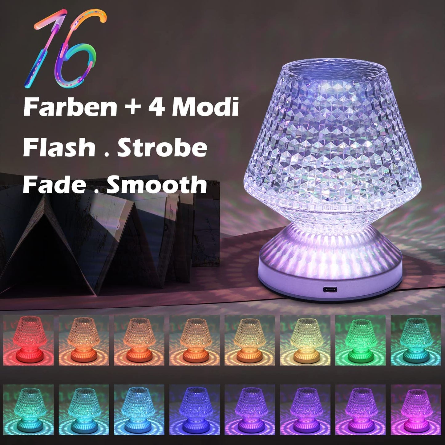 ZMH Tischlampe Kabellos LED Nachttischlampe touch - Kristall Lampe akku Tischleuchte dimmbar 16 Farben Nachttischleuchte batteriebetrieben mit Fernbedienung f¨¹r Wohnzimmer Valentinstag Deko 1 St¨¹ck