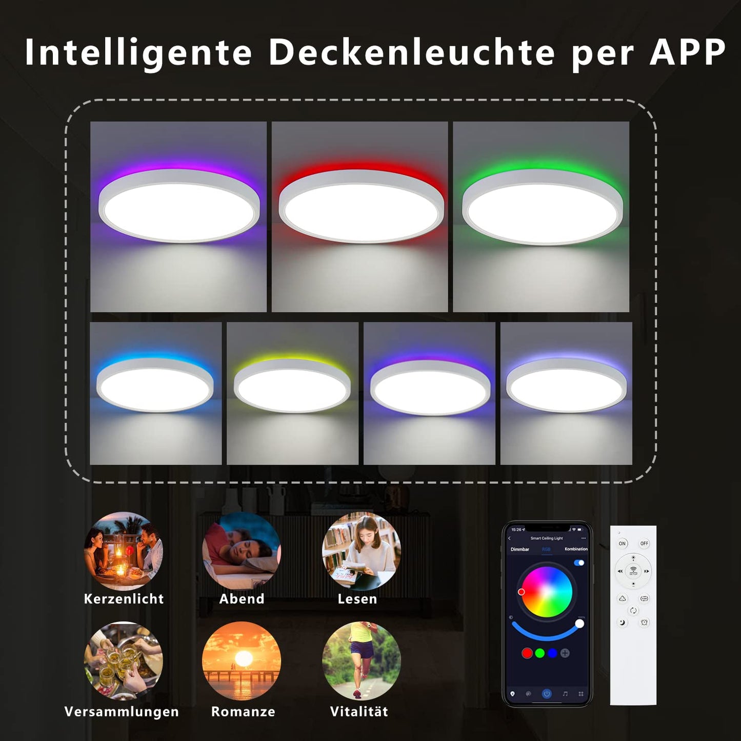 ZMH 36W Deckenlampe LED Deckenleuchte Farbwechsel - Dimmbar Schlafzimmerlampe mit Smart RGB Hintergrundbeleuchtung Panel Flach Rund per Fernbedienung App f¨¹r Wohnzimmer Schlafzimmer Kinderzimmer