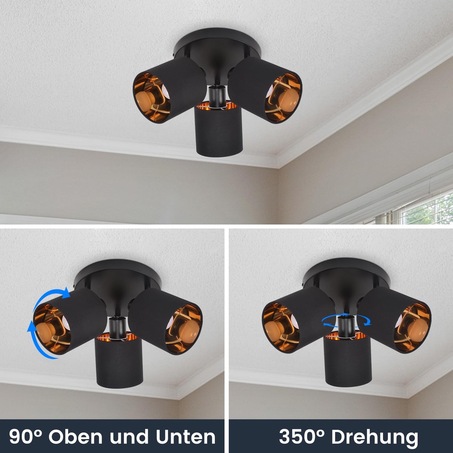 ZMH Deckenleuchte 3 Flammig Deckenstrahler Schwarz - Deckenlampe Vintage Deckenspot E14 Schwenkbar 350¡ã MAX.25W Stoffschrim Modern f¨¹r Wohnzimmer Schlafzimmer K¨¹che Flur (ohne Leuchtmittel)