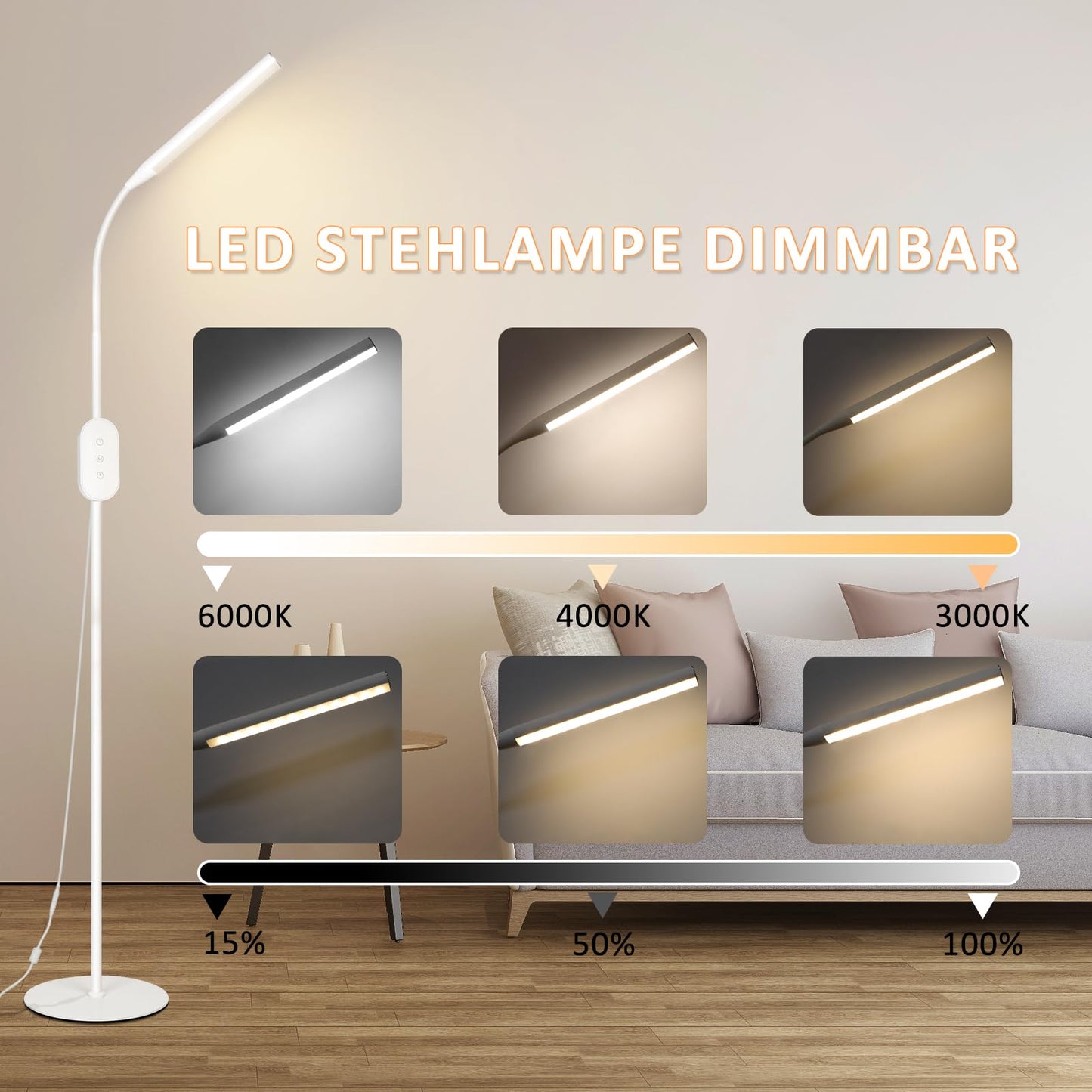 ZMH LED Stehlampe Standleuchte Dimmbar - Stehleuchte Leselampe B¨¹ro Standlampe Schlafzimmer Schwarz 178CM Modern Touch 9W Lesestehlampe mit Timer und Memory Funktion f¨¹r Wohnzimmer
