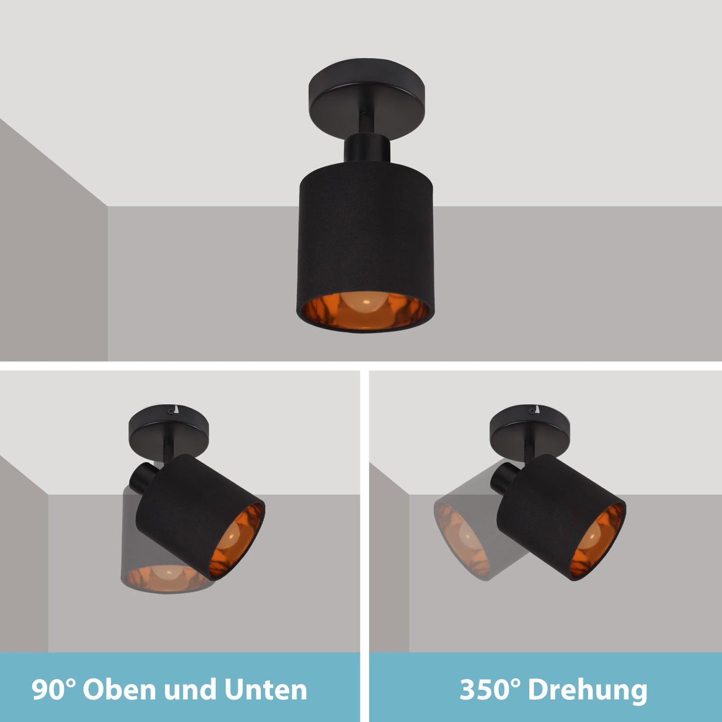 ZMH Deckenlampe 1 Flammig Deckenstrahler Schwarz - Deckenleuchte Vintage Deckenspot E14 Wandstrahler Stoffschrim Schwenkbar 350¡ã MAX.40W f¨¹r Wohnzimmer Schlafzimmer Flur (ohne Leuchtmittel)