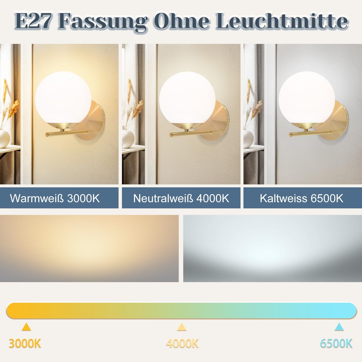 ZMH Wandleuchte Innen Wandlampe Modern - Flurlampe Gold E27 Bettlampe Wei? Glas Badlampe Kugel Badezimmerlampe Metall Badezimmer f¨¹r Treppenhaus Wohnzimmer Schlafzimmer Flur Bad - Ohne Leuchtmittel