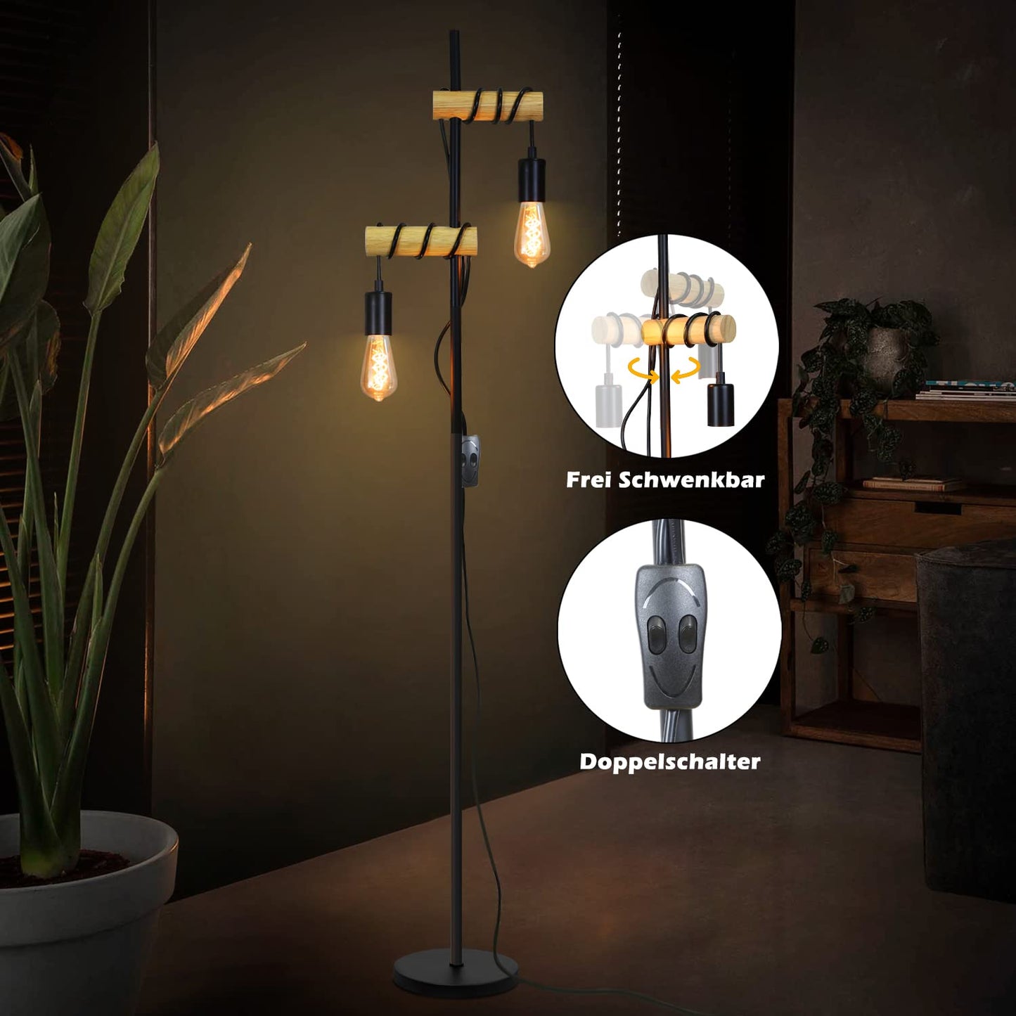 ZMH Stehlampe Wohnzimmer Vintage Stehleuchte Holz - Schwarz Industrial Standleuchte mit E27 2 Flammige Schwenkbar 180¡ã Standlampe mit Schalter f¨¹r Schlafzimmer B¨¹ro Arbeitzimmer - Ohne Leuchtmittel