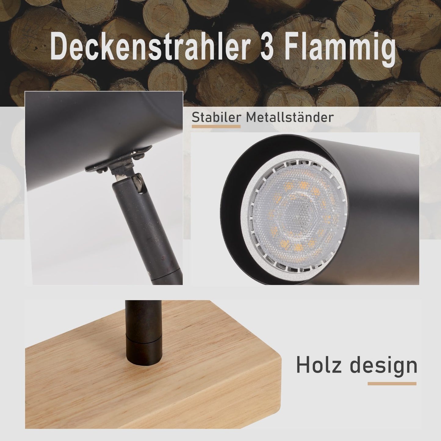 Deckenstrahler Schwarz 3 Flammig Flurlampe - Holz Deckenspots GU10 Vintage Retro Metall Deckenlampe Verstellbare 350¡ã f¨¹r Flur Schlafzimmer Wohnzimmer Arbeitszimmer Keine Leuchtmittel