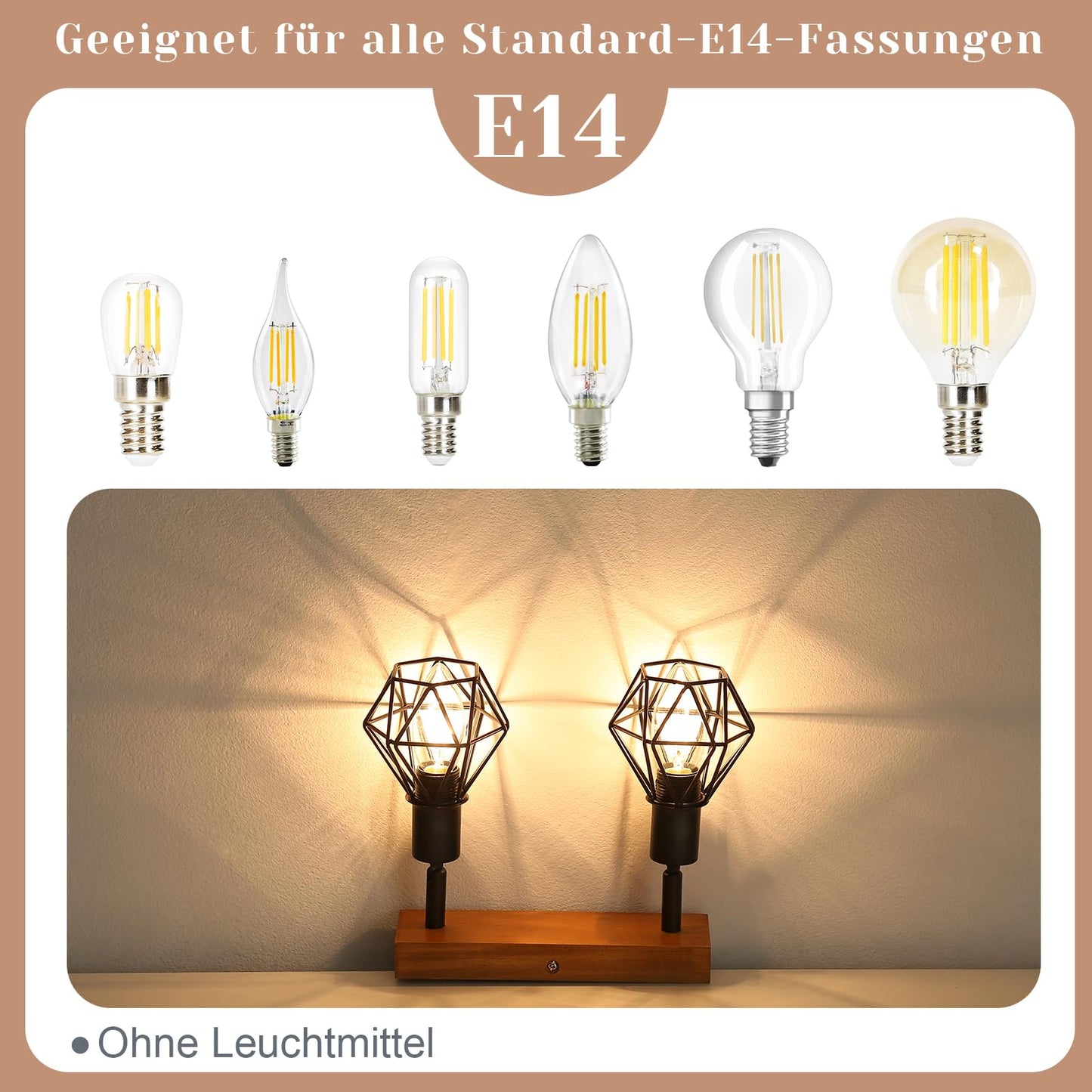 ZMH Deckenstrahler 2 Flammig Schwarz Vintage - Holz Denckenspots E14 Metall Deckenlampe Schwenkbar 350¡ã Deckenleuchte f¨¹r K¨¹che Wohnzimmer Schlafzimmer Esszimmer MAX.25W Ohne Leuchtmittel