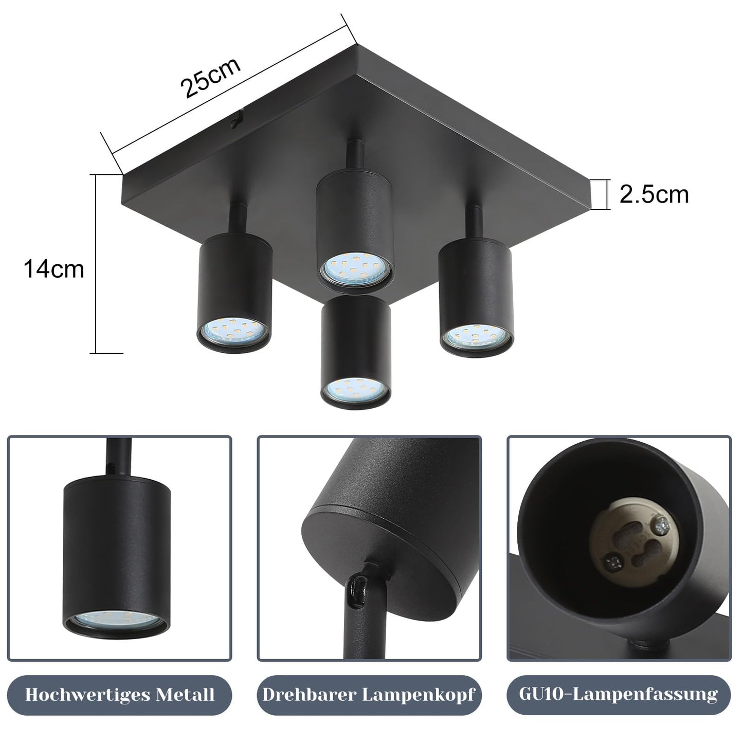 ZMH LED Deckenleuchte 4 Flammig: GU10 Deckenstrahler Schwarz Deckenlampe Spots 330¡ãSchwenkbar Deckenspots Industrial Wandstrahler Modern Flurlampe f¨¹r Wohnzimmer Schlafzimmer K¨¹che Ohne Leuchtmittel