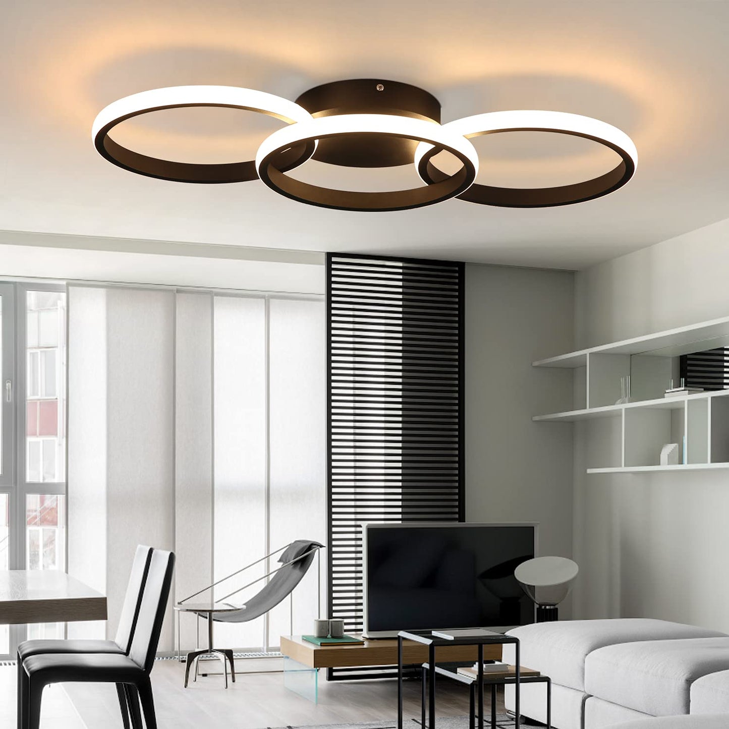 ZMH Deckenlampe Schwarz LED Deckenleuchte Wohnzimmer - Deckenlampe Flur Modern Design mit 3 Metall Ringe 3000K Warmwei?e K¨¹chenlampe - 36W Schlafzimmerlampe Wohnzimmerlampe