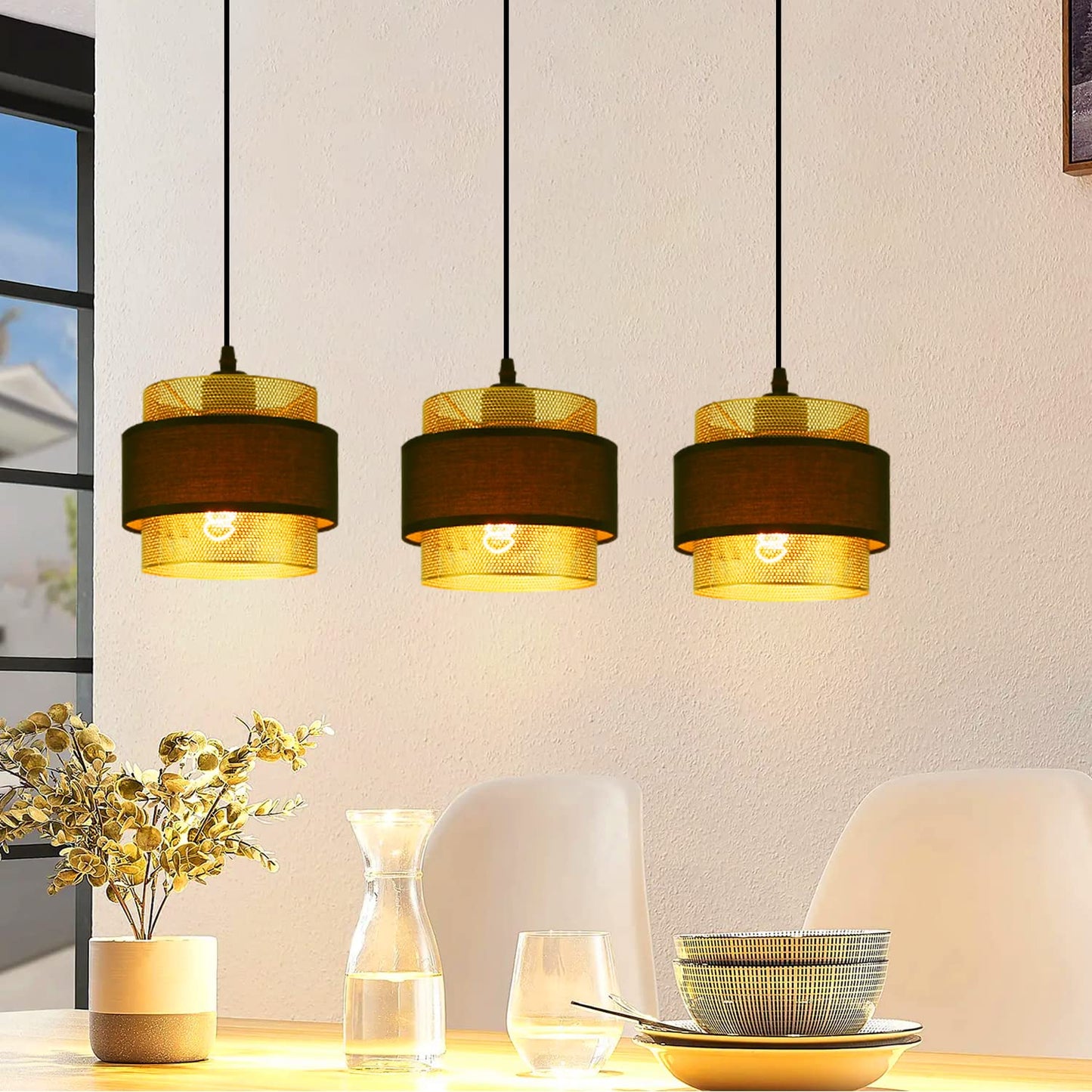 ZMH Pendelleuchte Esstisch H?ngelampe Vintage - H?ngeleuchte Retro mit 3 flammig Schwarz Gold Esstischlampe Industrial Pendellampe H?ngend E27 Max.25W f¨¹r K¨¹che Esszimmer - Ohne Gl¨¹hbirne
