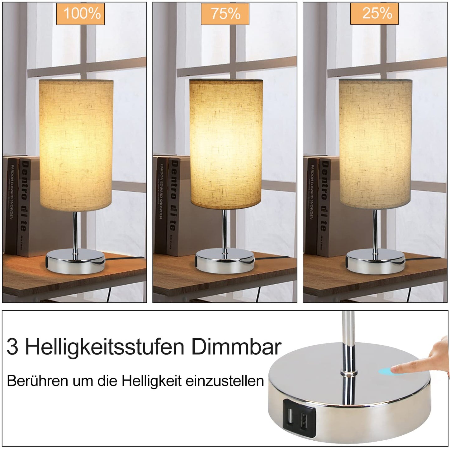 ZMH Nachttischlampe Touch Dimmbar 2er - Tischlampe E27 USB Ladefunktion Wohnzimmer Chrom mit Stoff Lampenschirm f¨¹r Schlafzimmer Wohnzimmer Nachttisch Schreibtisch Leuchtmittel nicht enthalten