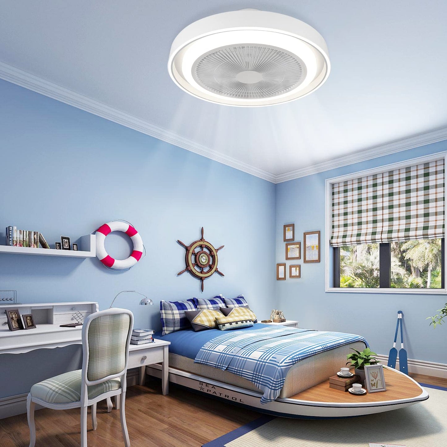 ZMH Deckenventilator mit Beleuchtung und Fernbedienung - Dimmbar LED Deckenleuchte mit Ventilator Lampe Decke Leise Modern Deckenlampe Blau 5 Fl¨¹geln Licht f¨¹r Schlafzimmer Wohnzimmer Esszimmer