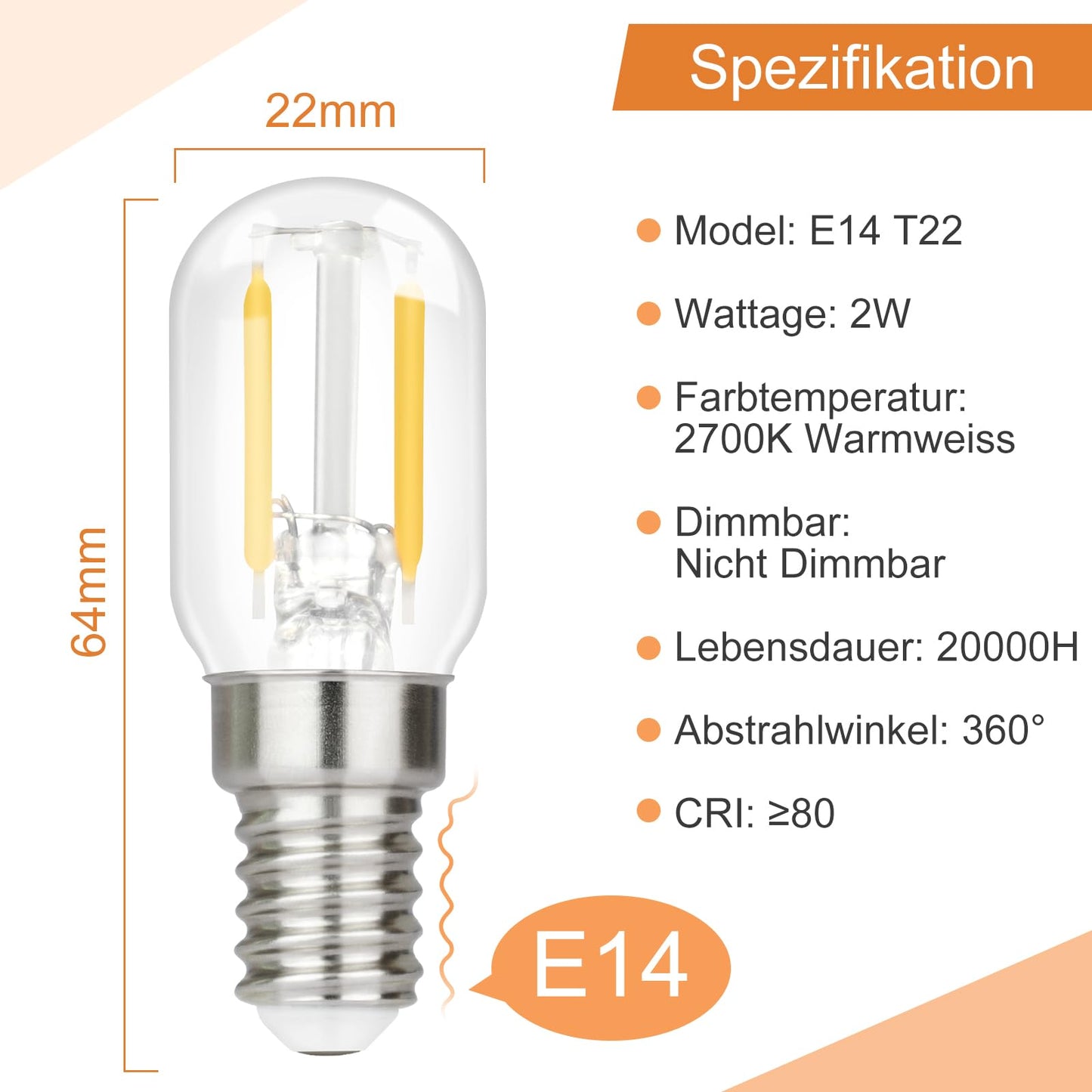 ZMH 2er pack E14 LED Warmweiss Gl¨¹hbirne - Vintage LED Lampen T22 Retro Birne 2W 2700K Warmwei? Edison Leuchtmittel E14 Lampenfassung K¨¹hlschranklampe Light Bulb Energiesparlampe - Nicht Dimmbar