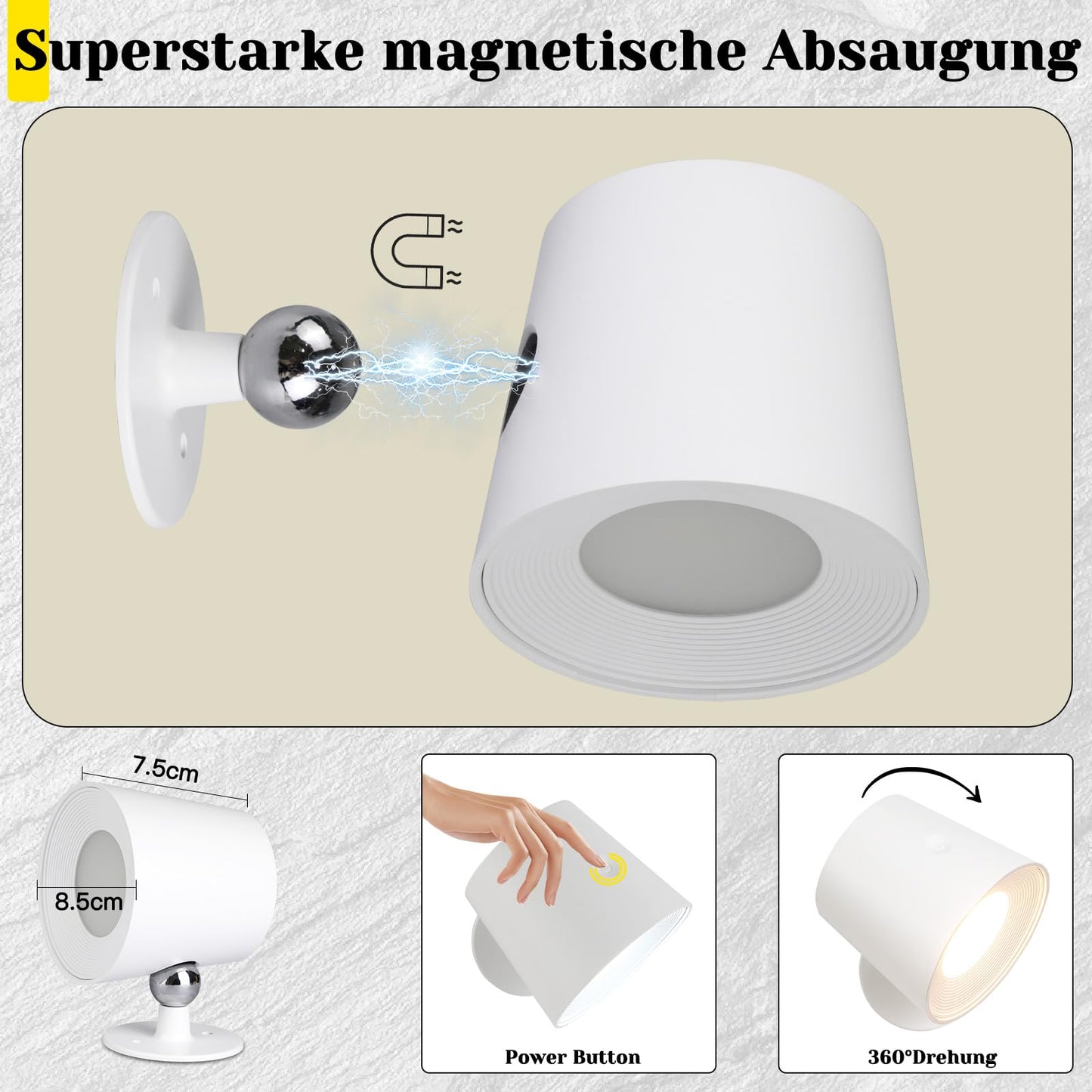 ZMH Wandlampe LED Wandleuchte Innen - Wandbeleuchtung 2 St¨¹ck mit Akku 360¡ã Drehbare Touch Control 3 Helligkeitsstufen Wei? Kabellose Wandleuchten F¨¹r Wohnzimmer Kinder Schlafzimmer