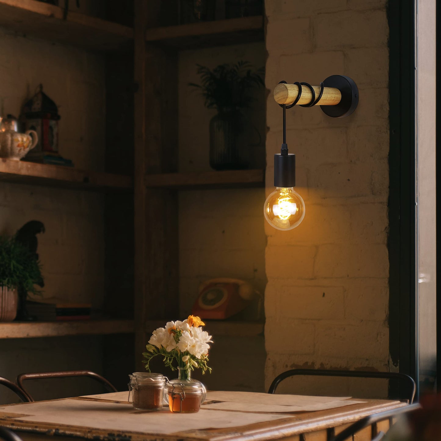ZMH 2 St¨¹ck Wandleuchte Innen Wandlampe Holz: Vintage Wandstrahler Schwarz Retro Industrial Wandbeleuchtung Schlafzimmer E27 Rustikal Design Wandspot f¨¹r Wohnzimmer Flur - Ohne Leuchtmittel