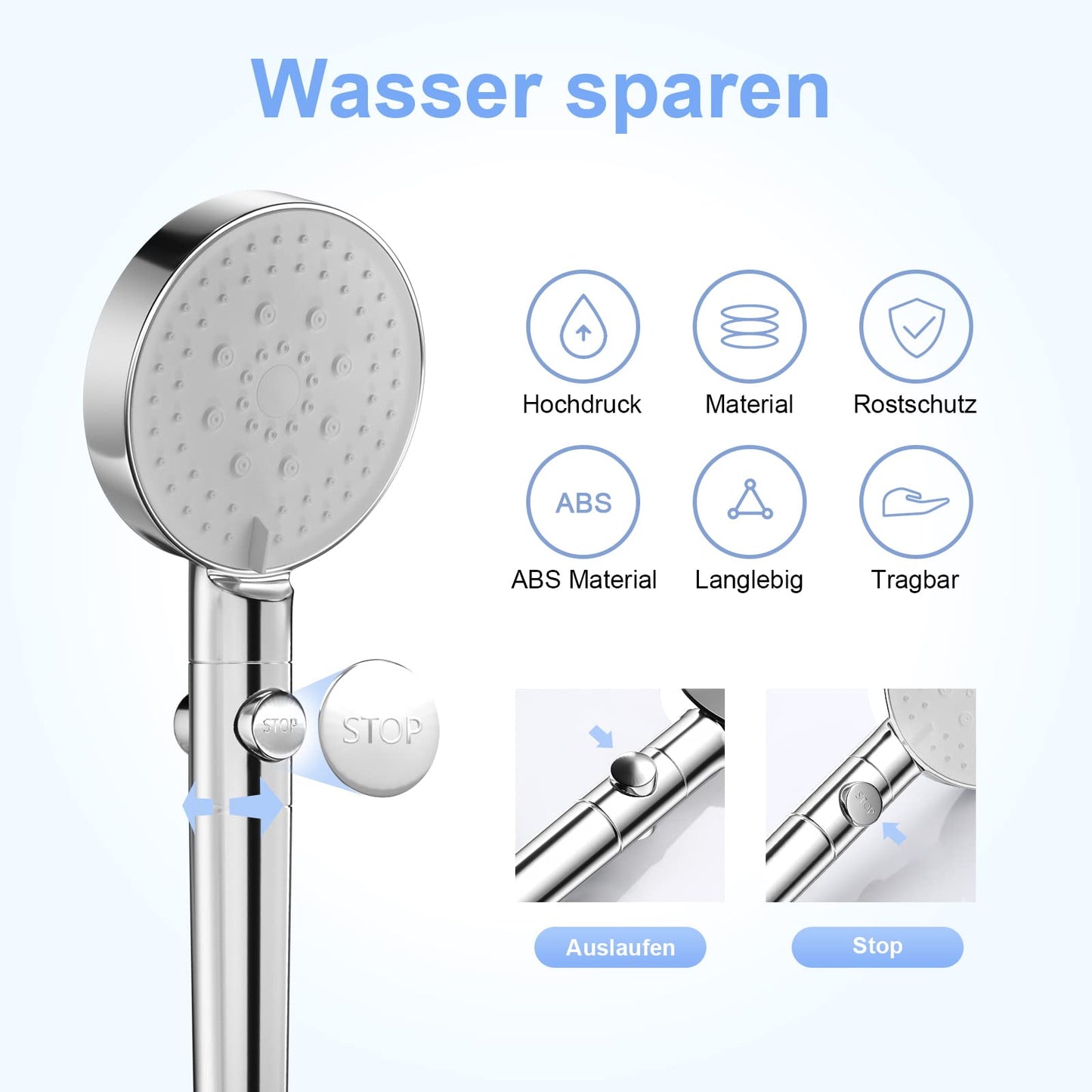ZMH Duschkopf Wassersparend mit 1.5M Schlauch Brausehalterung - Handbrause Chrom Filter mit 5 Strahlarten Wasserstop, Druckerh?hende Regendusche Sparduschkopf