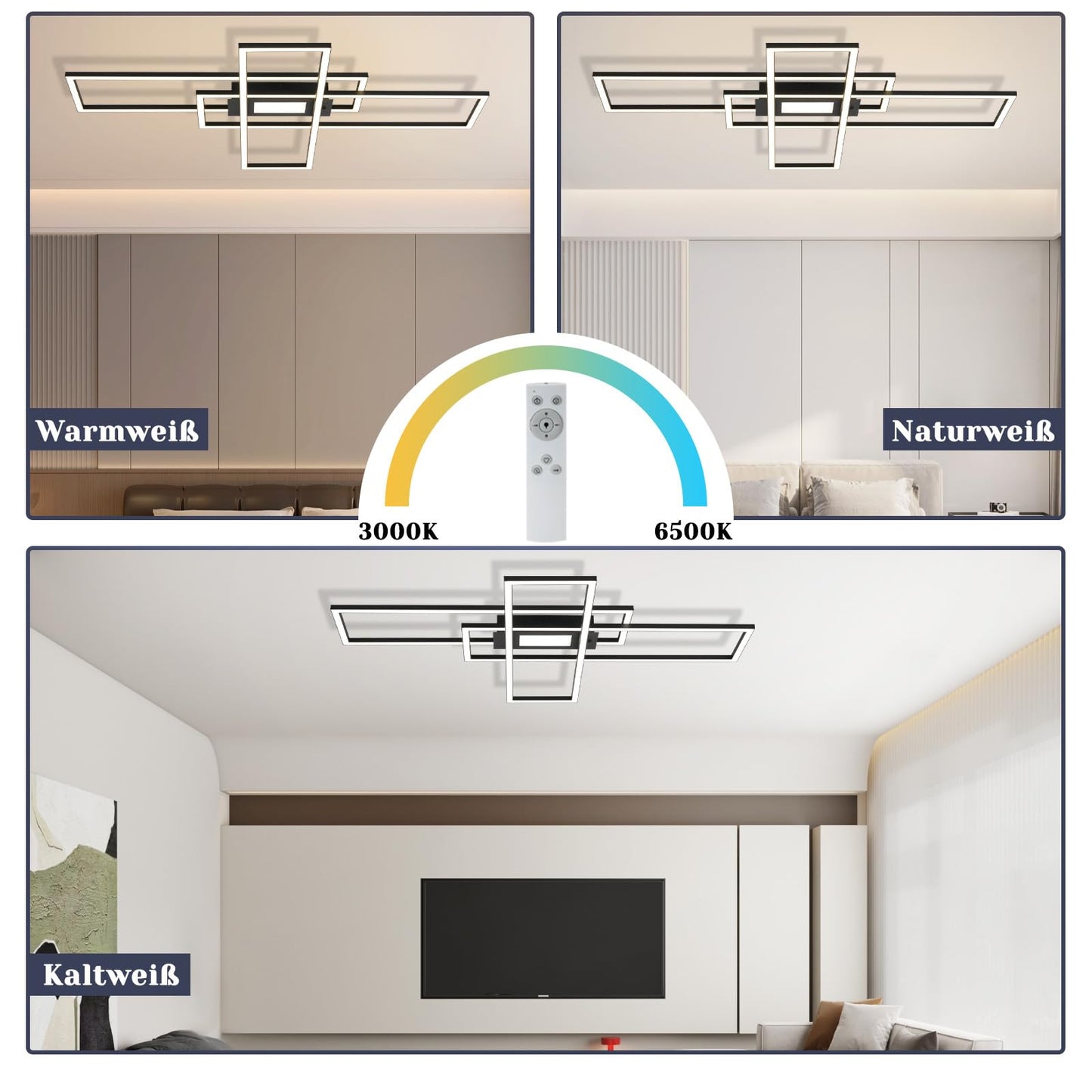 ZMH Deckenlampe LED Deckenleuchte Dimmbar - 50W Wohnzimmerlampe Schwarz mit Fernbedienung Modern Design Schlafzimmerlampe Wohnzimmer Schlafzimmer Deckenbeleuchtung Geometrisch f¨¹r K¨¹che Flur