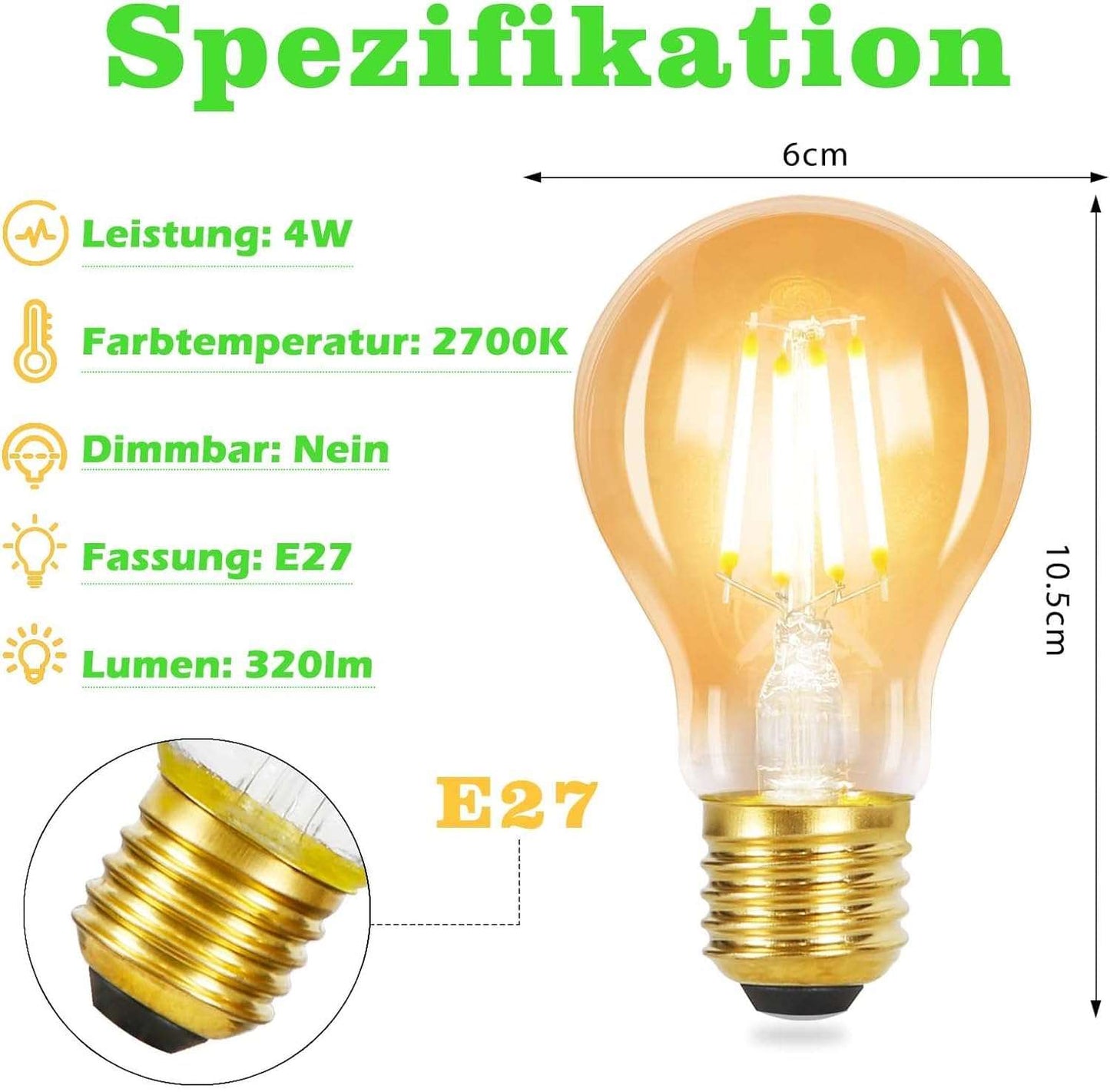 ZMH 6¡Á LED E27 Gl¨¹hbirne: A60 Warmweiss Lampe Vintage Leuchtmittel 4W 2700K Edison Gl¨¹hlampe Retro Filament Birnen Bulb Energiesparlampe f¨¹r Haus Caf¨¦ Bar nicht Dimmbar