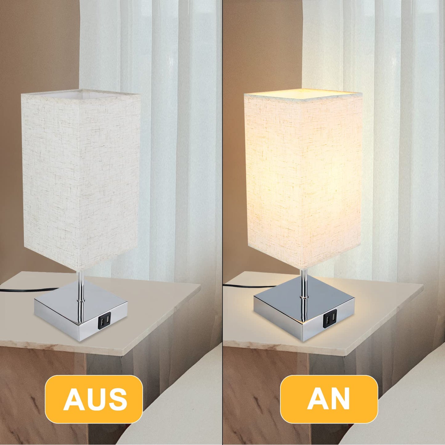 ZMH Tischlampe Schlafzimmer Nachttischlampe Dimmbar - Touch Nachtlicht Warmwei? E27 mit USB Ladefunktion Stoff Lampenschirm f¨¹r Deko, Nachttisch, Geschenk,Esszimmer, Wohnzimmer