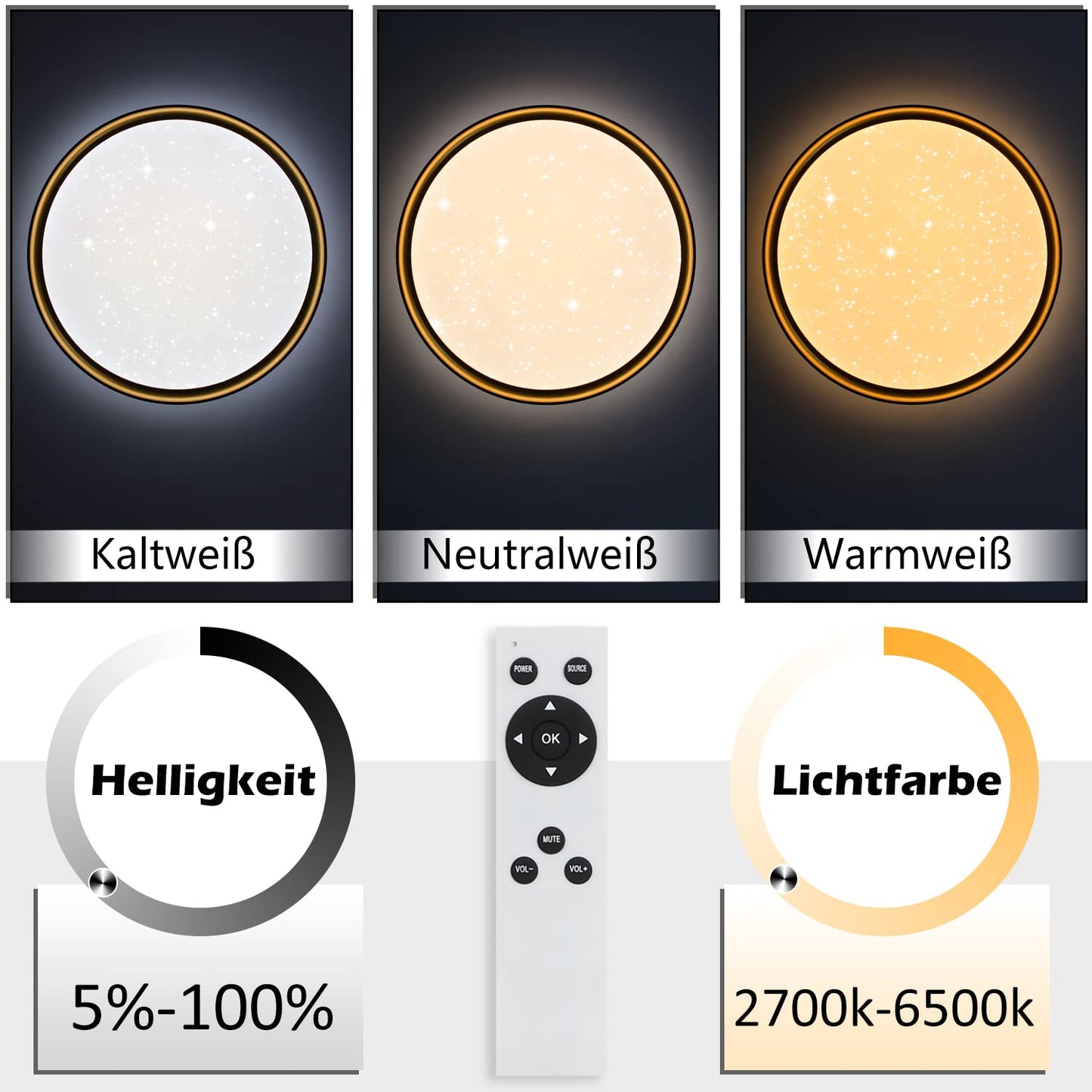 ZMH Deckenlampe LED Deckenleuchte Wohnzimmer - ?40cm Rund Wohnzimmerlampe 21W Schwarz Gold Modern Sternenhimmel Schlafzimmerlampe Dimmbar mit Fernbedienung f¨¹r Schlafzimmer K¨¹che Flur B¨¹ro