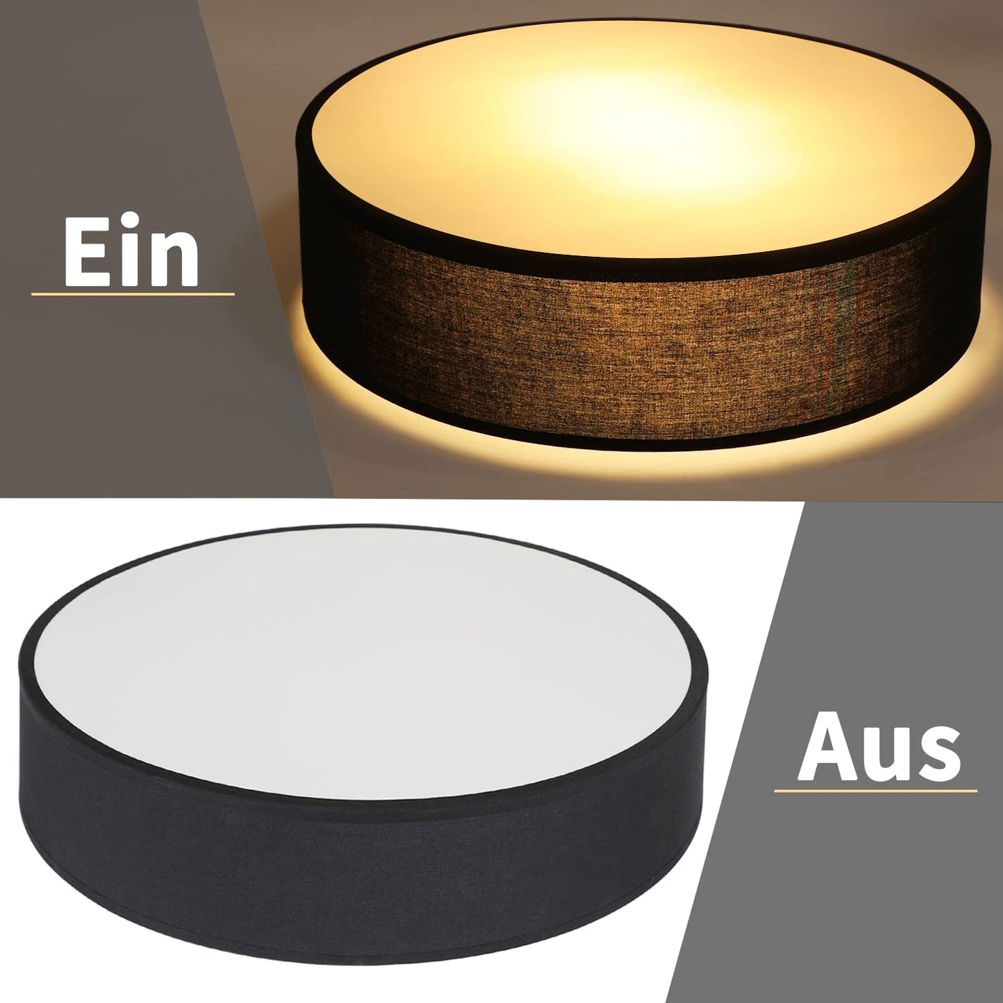 ZMH ZMH Deckenlampe Rund Deckenleuchte Schlafzimmer - Schwarz 30CM Stoff Schlafzimmerlampe Modern Wohnzimmerlampe 1 Flammig E27 K¨¹chenlampe mit Stoffschirm Flurlampe f¨¹r Wohnzimmer K¨¹che Flur