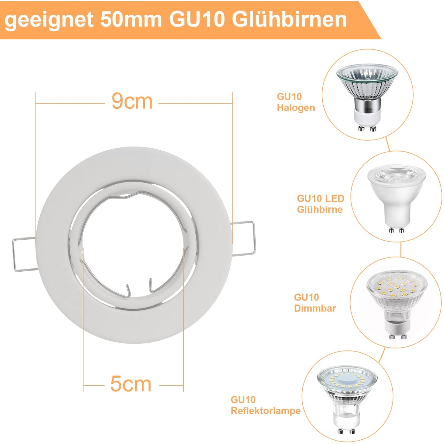 ZMH 6ER Einbaurahmen GU10 Set - Einbaustrahler Rahmen Einbauleuchte Wei? Fassungen 230V mit Sockel Lochdurchmesser 50mm Einbauspots Rund aus Metall Schwenkbar 30¡ã Spot f¨¹r LED Leuchtmittel Halogen