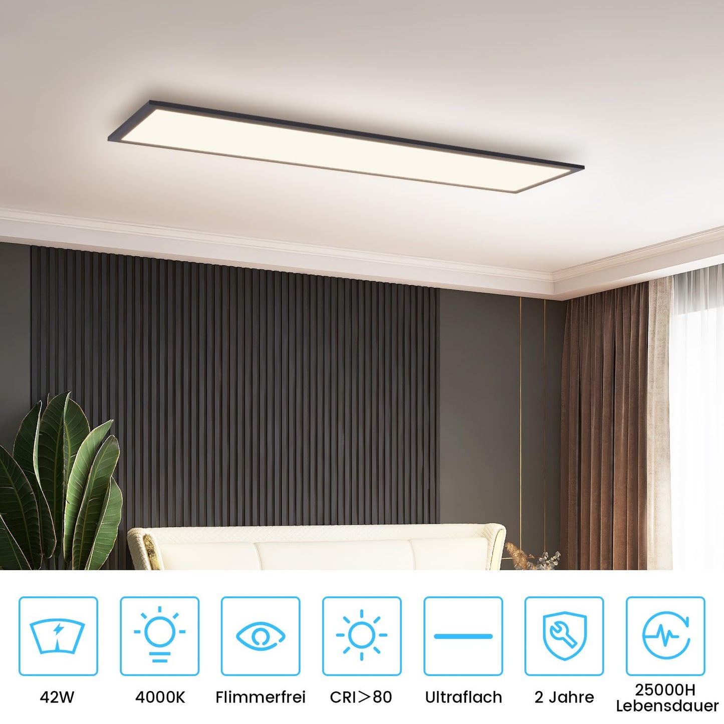 ZMH Deckenlampe Led Deckenleuchte Panel - Wohnzimmerlampe 120x30 cm K¡§1chenlampe Schwarz Modern 42W Schlafzimmerlampe Neutralwei? B¡§1ro Deckenbeleuchtung B¡§1roleuchte f¡§1r Wohnzimmer K¡§1che Schlafzimmer