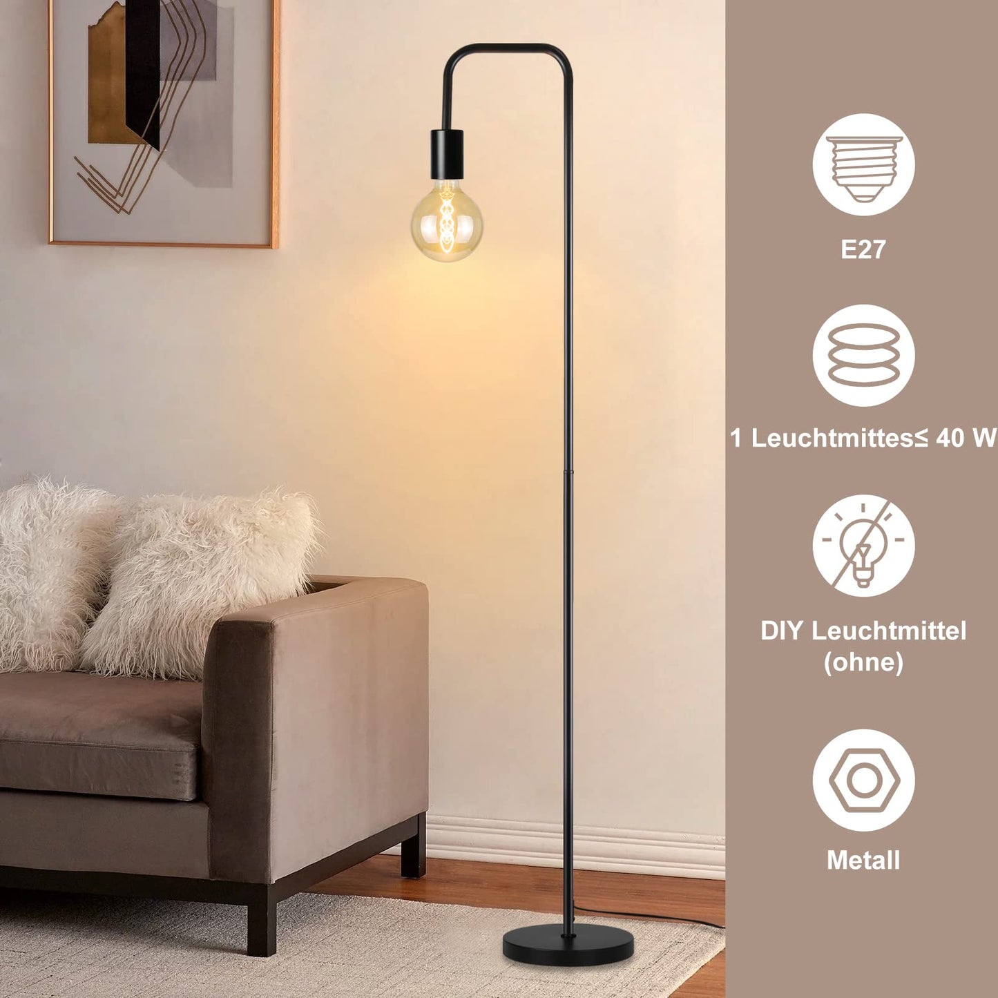 ZMH Stehlampe Wohnzimmer Vintage Stehleuchte Schwarz mit Fu?schalter Industrial Metall E27 Standleuchte Design Wohnzimmerlampe f¨¹r Schlafzimmer B¨¹ro