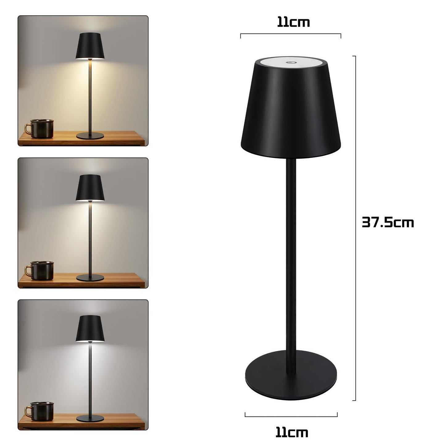 ZMH Tischlampe Akku Nachttischlampe Kabellos - Led 2600mhA Aussentischleuchte Aufladbar Tischleuchte Touch Dimmbar Schwarz Akkulampe batterie Nachttischleuchte USB Akkuleuchte f¨¹r Schlafzimmer