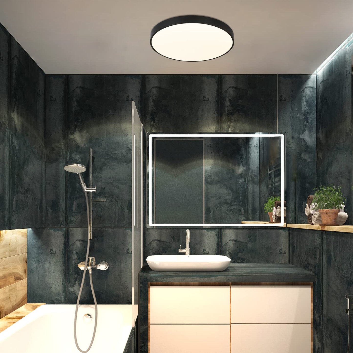 ZMH LED Deckenleuchte Schwarz Deckenlampe - Flach K¨¹chenlampe IP44 Wasserdicht Badlampe Rund ?28cm Flurlampe 17W Modern f¨¹r Wohnzimmer Schlafzimmer Bad Flur K¨¹che Kinderzimmer Eingang
