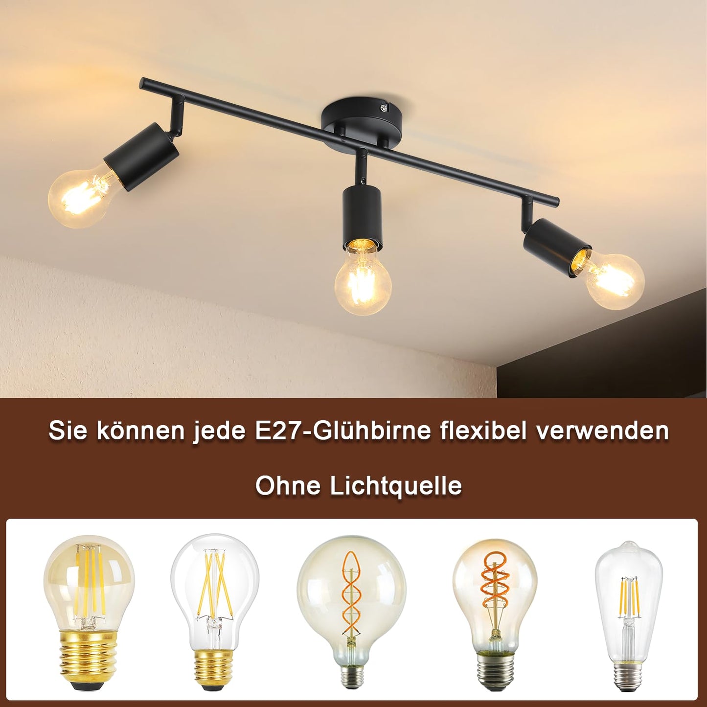 ZMH Deckenstrahler 3 Flammig Deckenleuchte Schwarz - E27 Flur Deckenspot Vintage Deckenlampe Schwenkbar 350¡ã Spots Industrial k¨¹chenlampe f¨¹r K¨¹che Wohnzimmer Schlafzimmer (ohne Leuchtmittel)