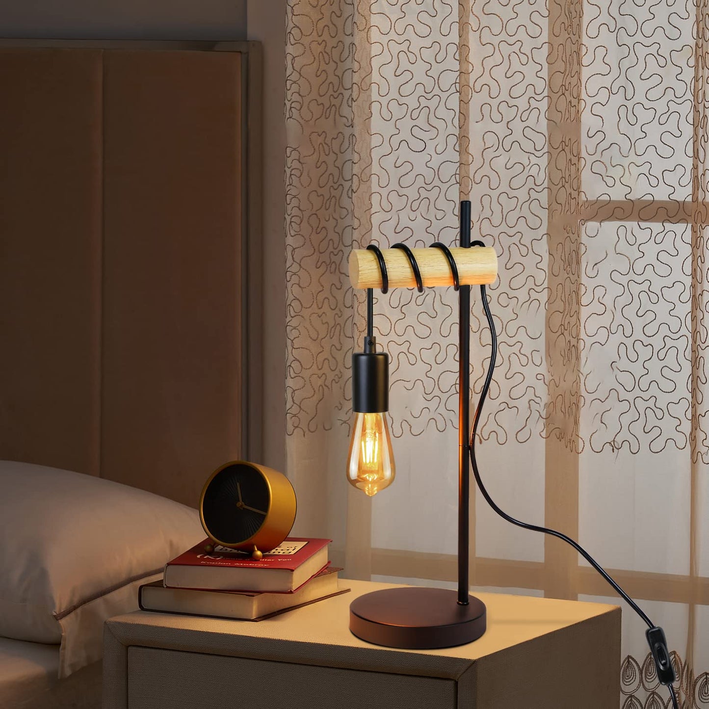 ZMH Tischlampe Holz Nachttischlampe Vintage Tischleuchte Schwarz Retro E27 in Industrial Rustikal Design Nachttischleuchte Kabel mit Schalter f¨¹r Wohnzimmer Schlafzimmer Dekorative Beleuchtung