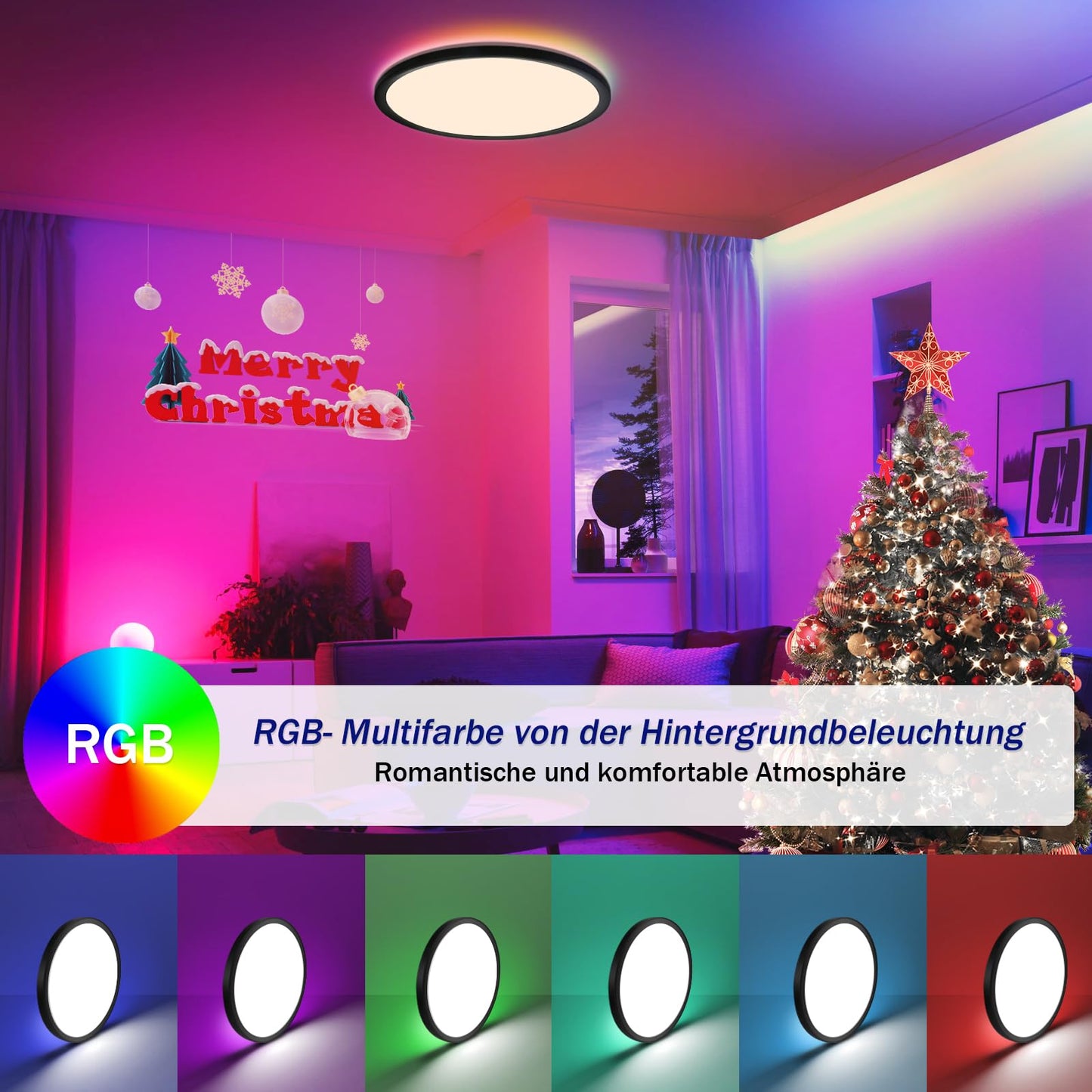 ZMH LED Deckenleuchte Flach Farbwechsel - 28W RGB Dimmbar Deckenlampe Fernbedienung Schwarz Rund Hintergrundbeleuchtung ?30CM f¨¹r Schlafzimmer Badezimmer K¨¹che Flur, 3000K-6500K