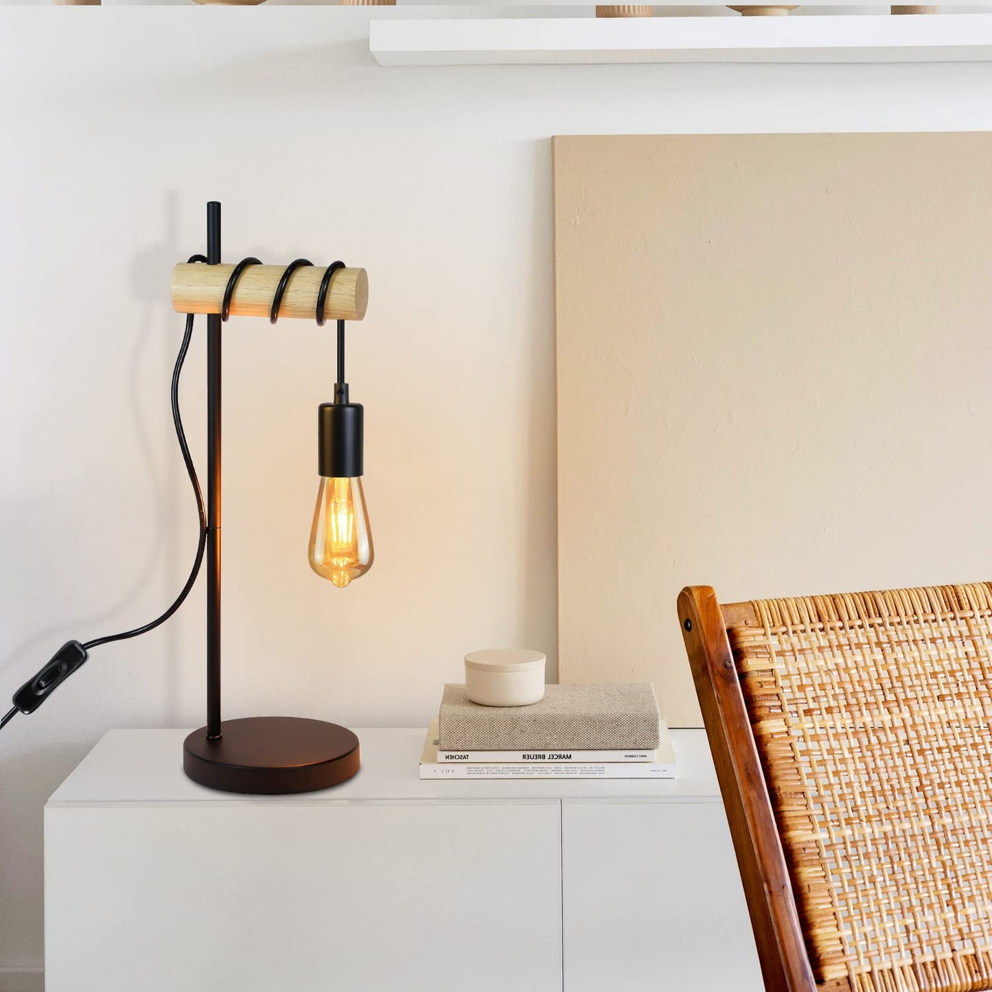 ZMH Tischlampe Holz Nachttischlampe Vintage Tischleuchte Schwarz Retro E27 in Industrial Rustikal Design Nachttischleuchte Kabel mit Schalter f¨¹r Wohnzimmer Schlafzimmer Dekorative Beleuchtung